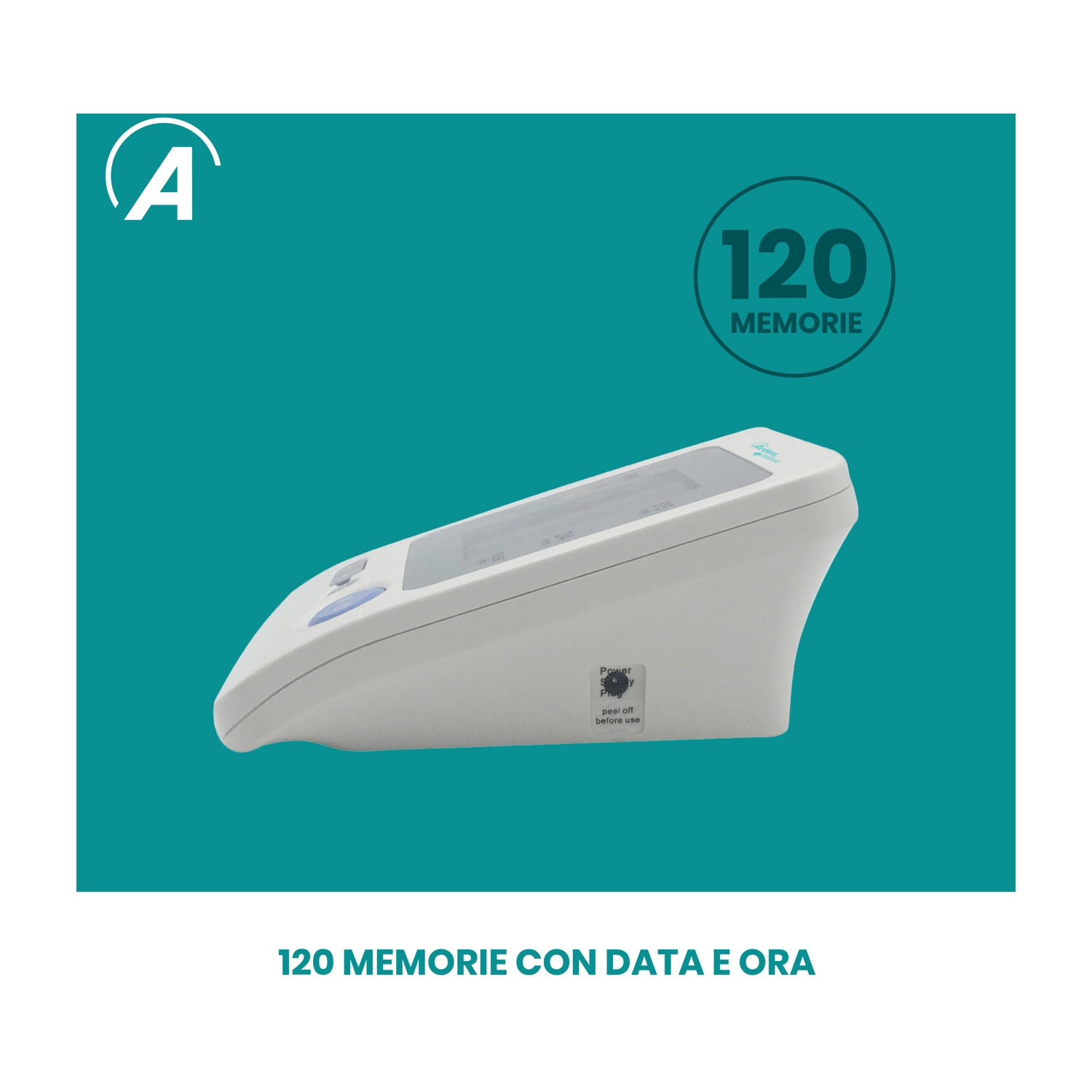 Weißes digitales Gerät mit 'A'-Logo und '120 MEMORIE'-Text. Bildschirm zeigt Daten.