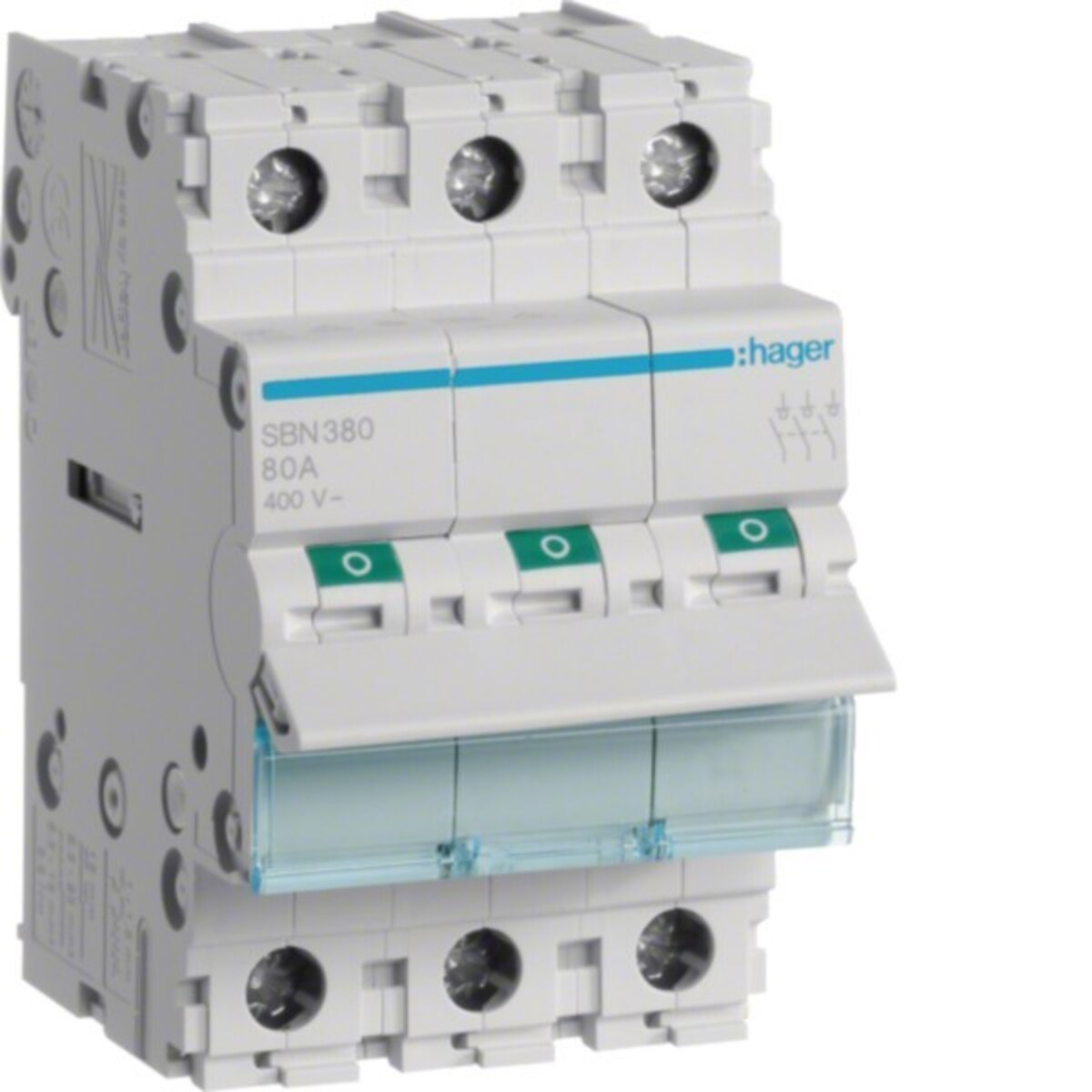 Interruttore automatico bianco Hager SBN380 con interruttori verdi e coperchio protettivo trasparente.