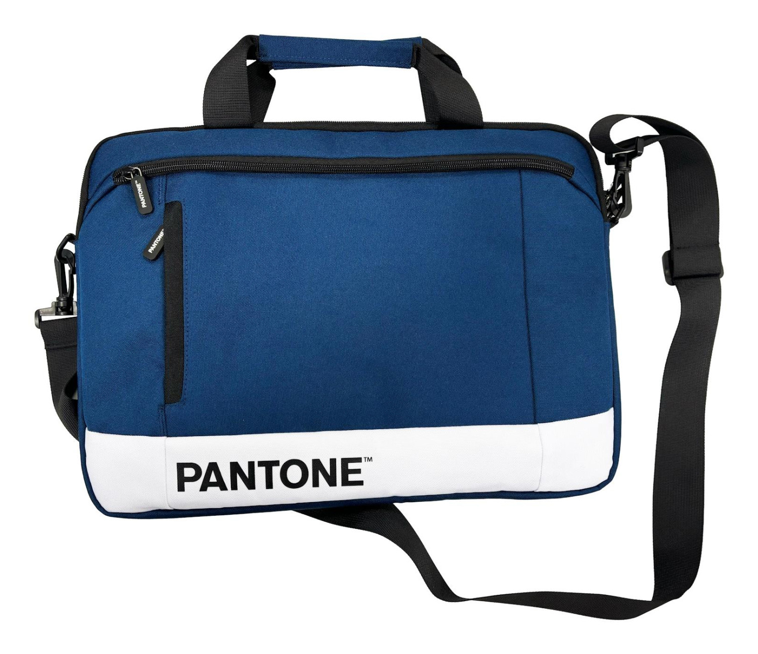 Borsa a tracolla blu Pantone con striscia bianca e finiture nere. Ha un manico e una tracolla.