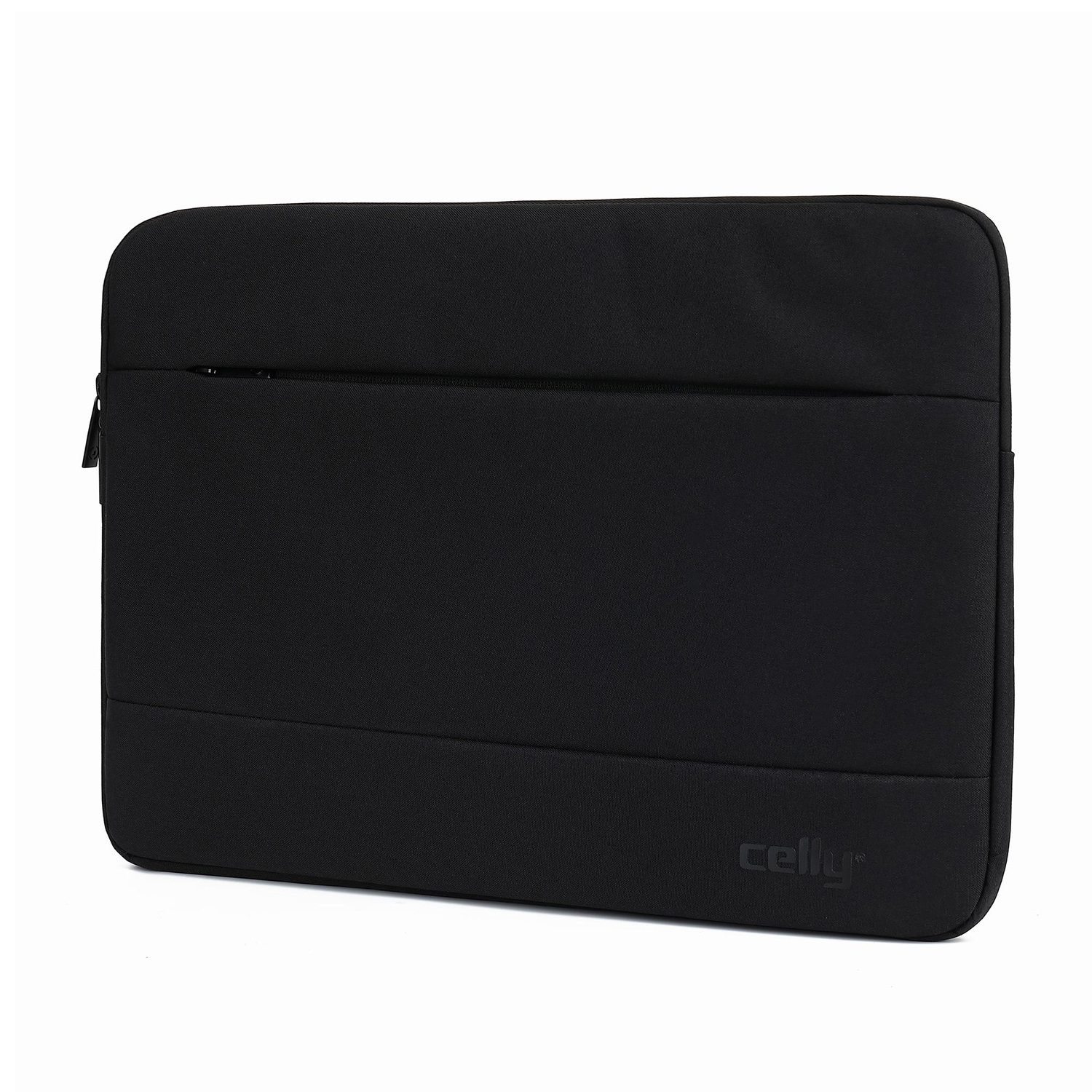 Custodia nera per laptop con cerniera e logo discreto in basso a destra.