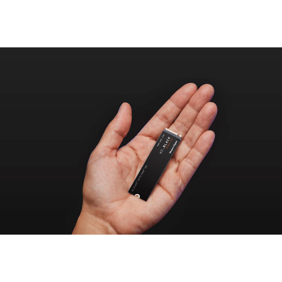 Una mano sostiene un SSD NVMe WD_BLACK SN770 negro. Se ve texto.