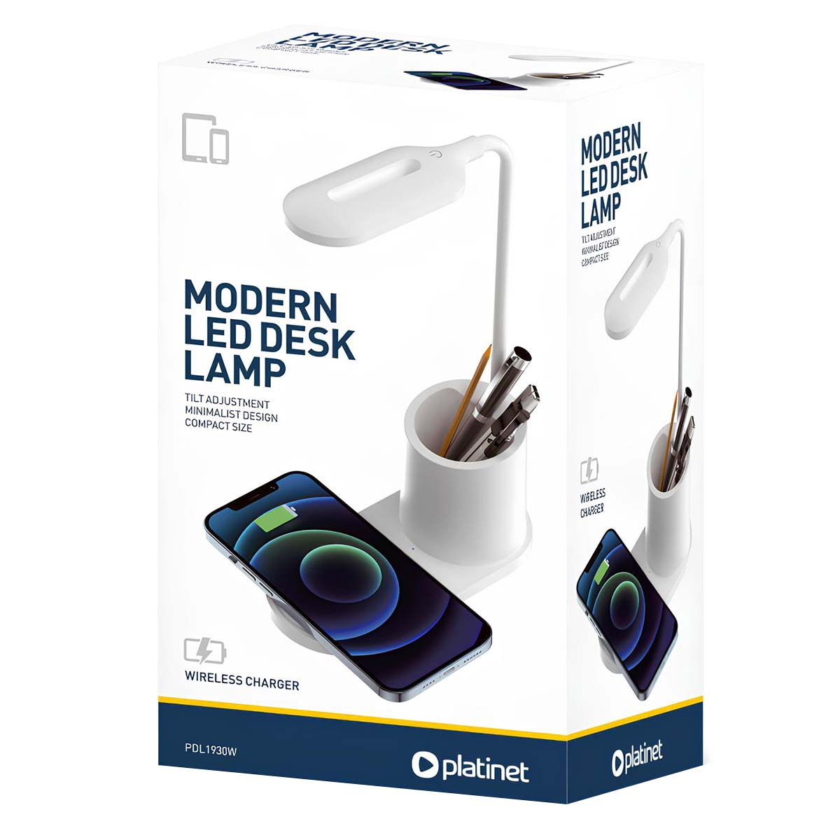 Embalaje de un kit de lámpara de escritorio LED blanca con cargador inalámbrico y teléfono.