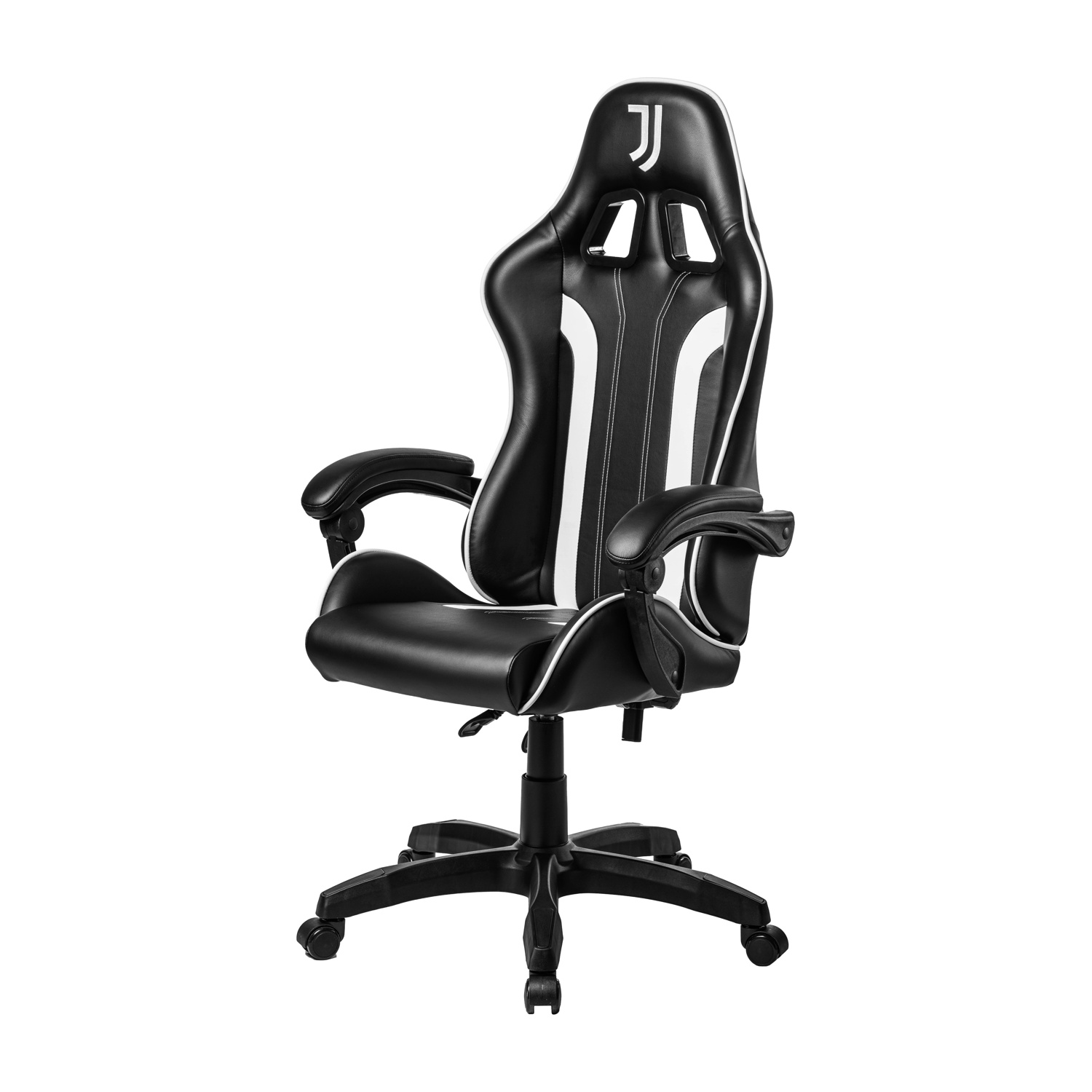 Ein schwarzer Gaming-Stuhl mit weißen Akzenten und einem JJ-Logo auf der Kopfstütze.