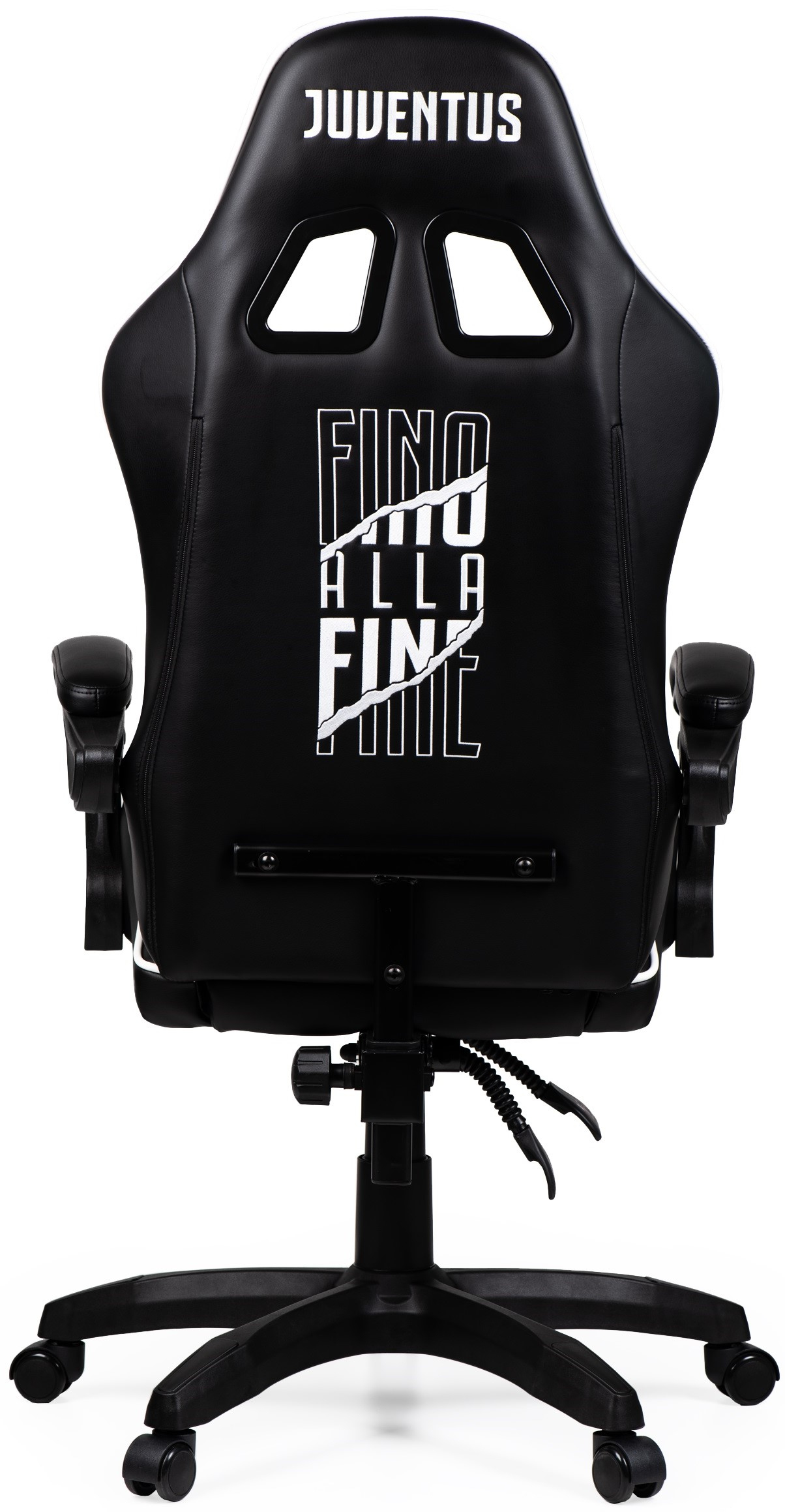 Una sedia da gaming nera con il logo Juventus e "Fino alla Fine".