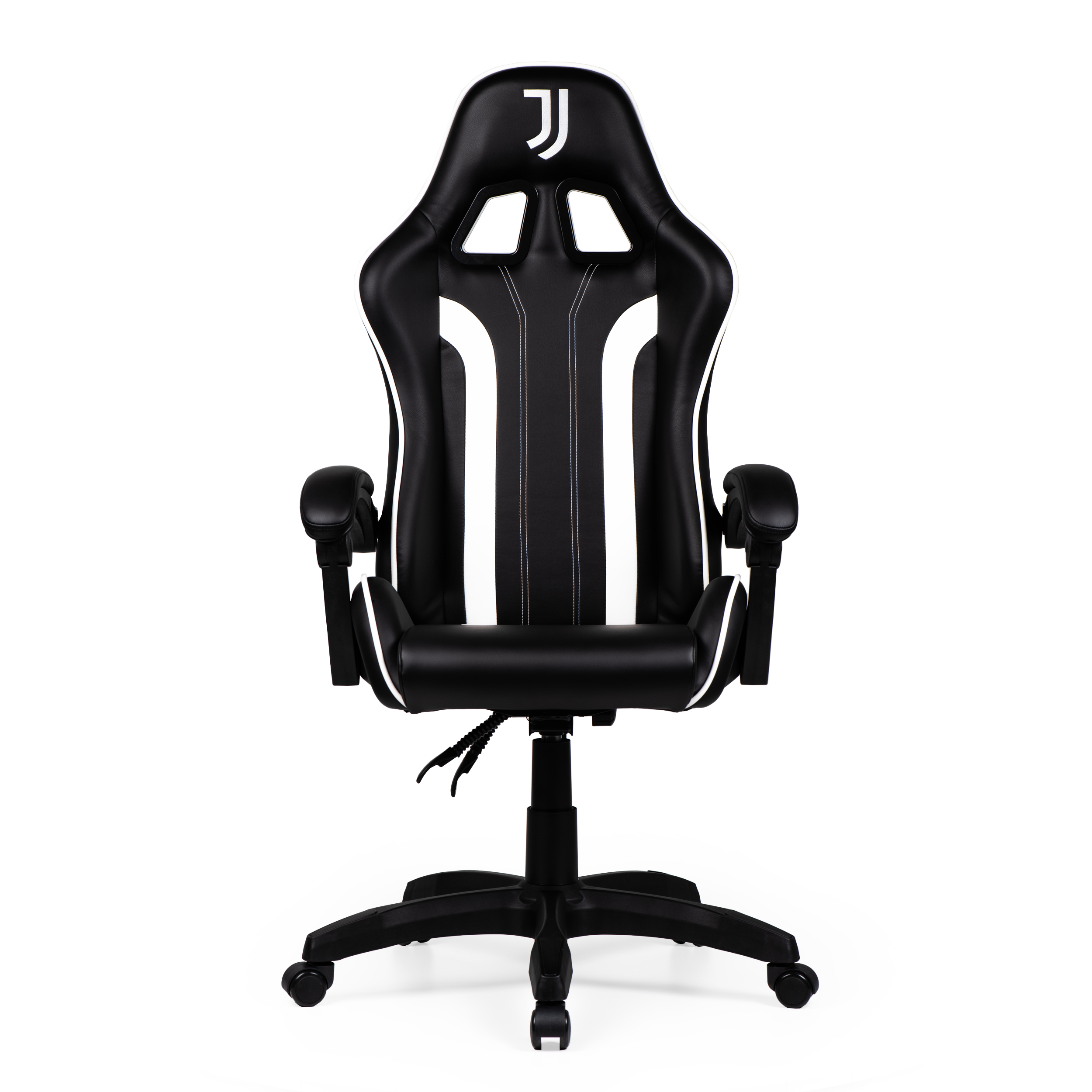 Sedia da gaming nera con accenti bianchi e logo Juventus.