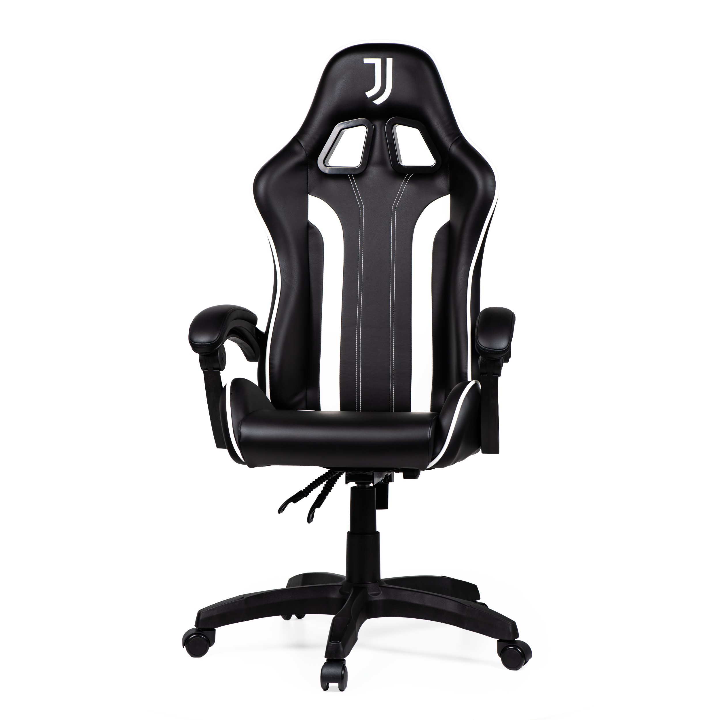 Una sedia da gaming nera con accenti bianchi e logo Juventus.