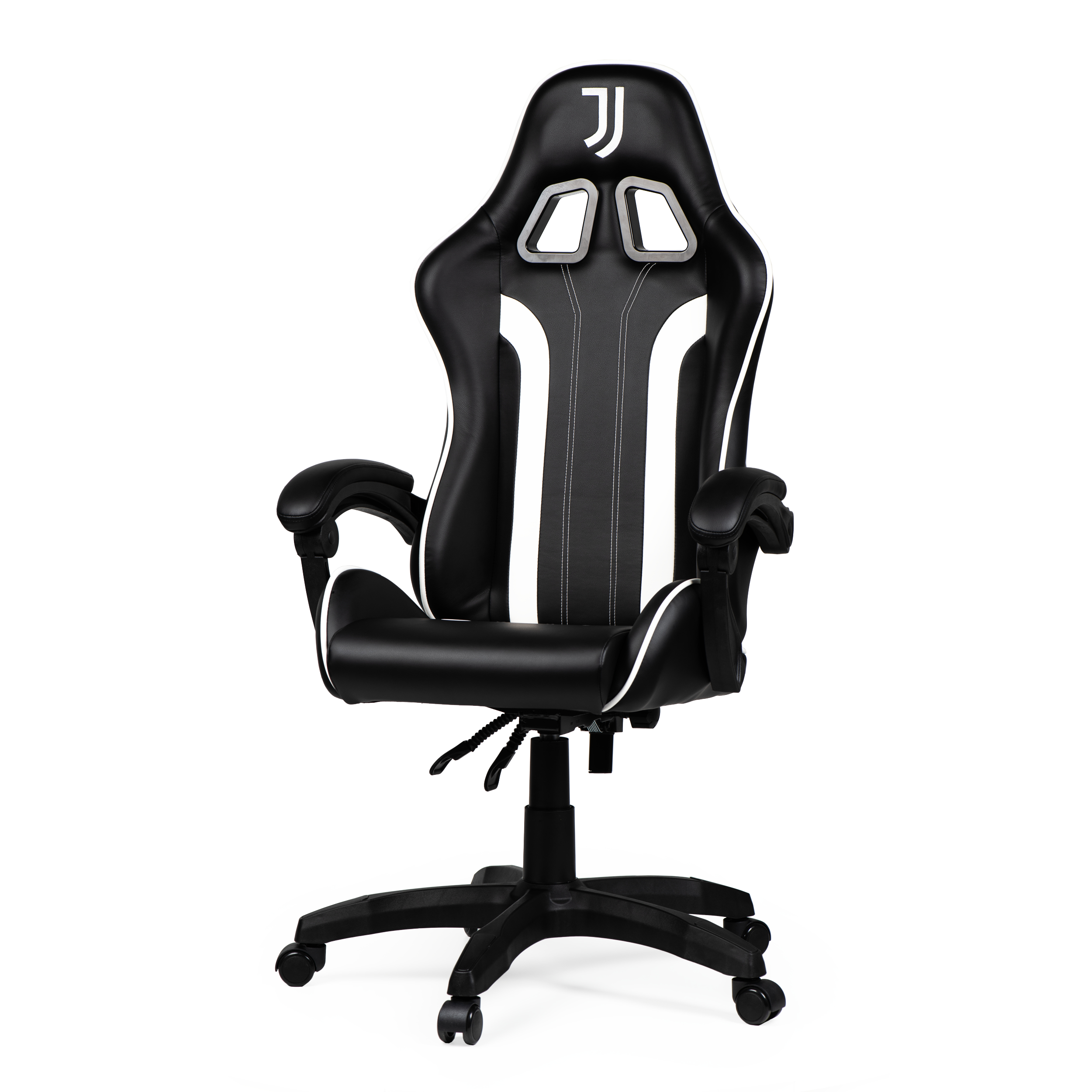 Una sedia da gaming nera con accenti bianchi e logo Juventus.
