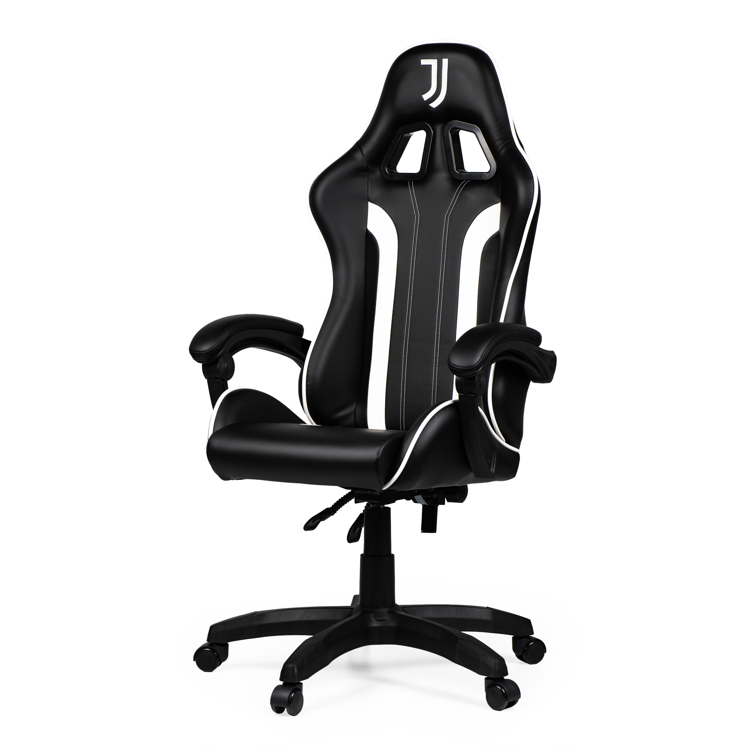 Sedia da gaming nera con accenti bianchi e logo JJ sul poggiatesta.