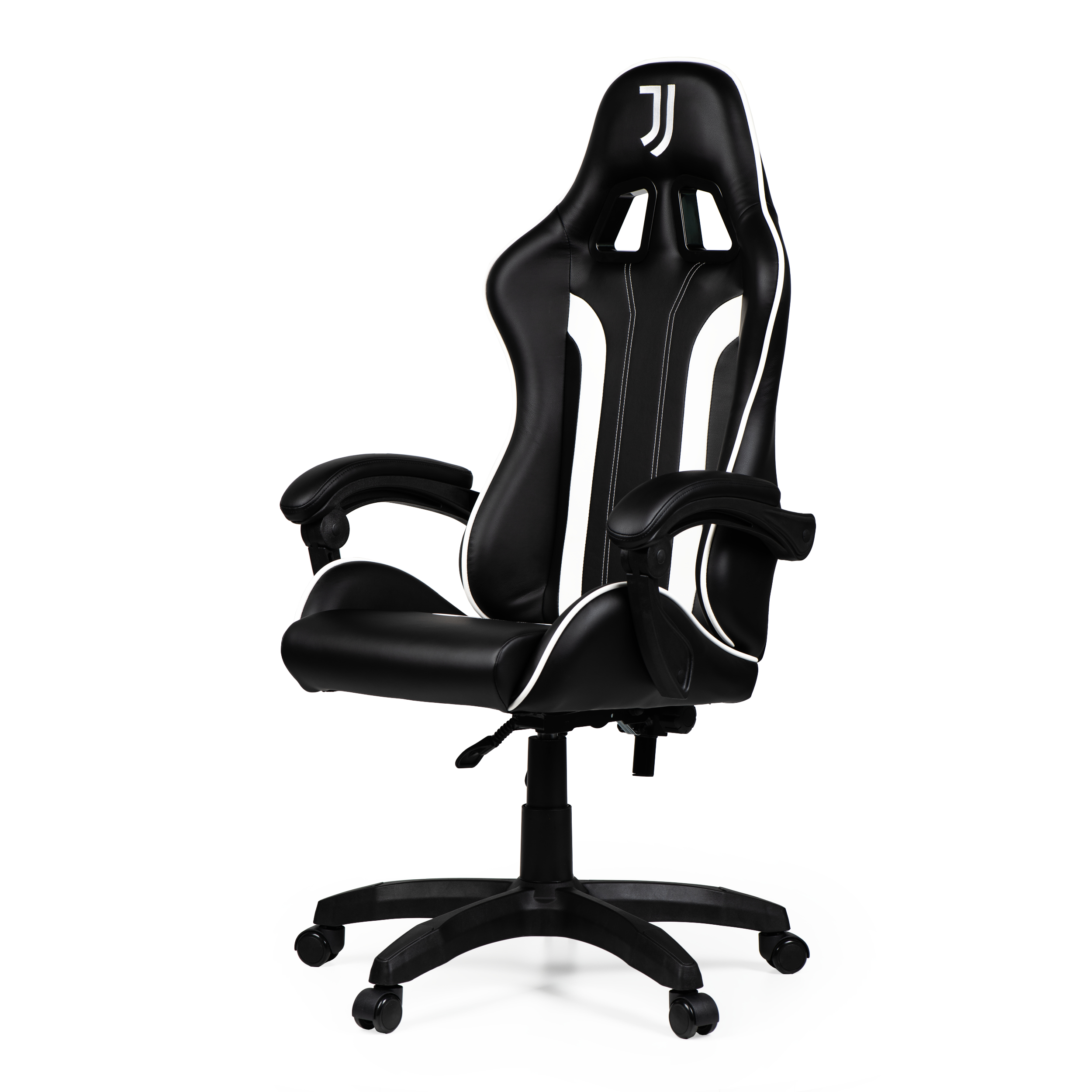 Una sedia da gaming nera con accenti bianchi e il logo Juventus sul poggiatesta.