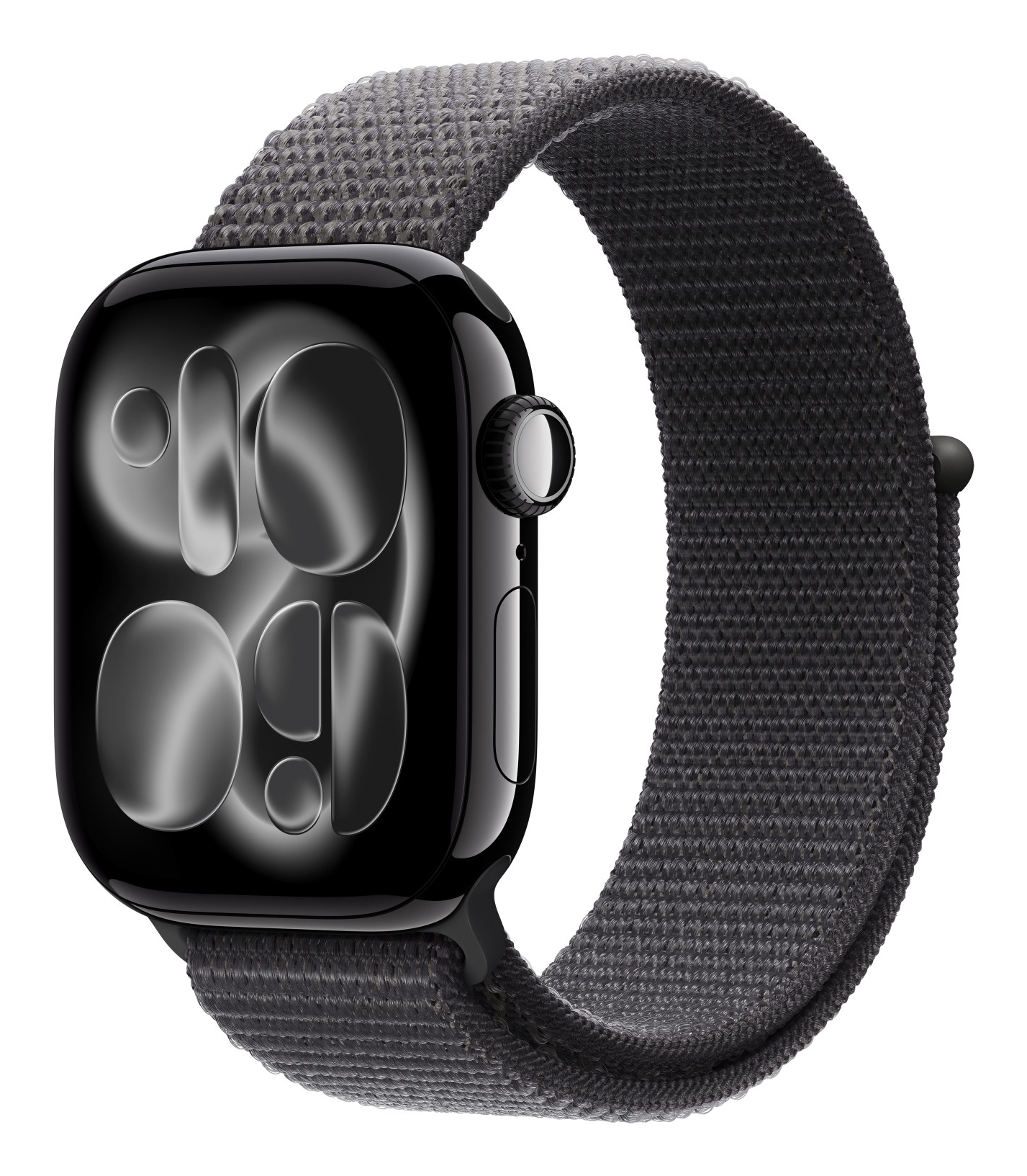 Eine schwarze Smartwatch mit einem grauen Stoffarmband auf weißem Hintergrund.