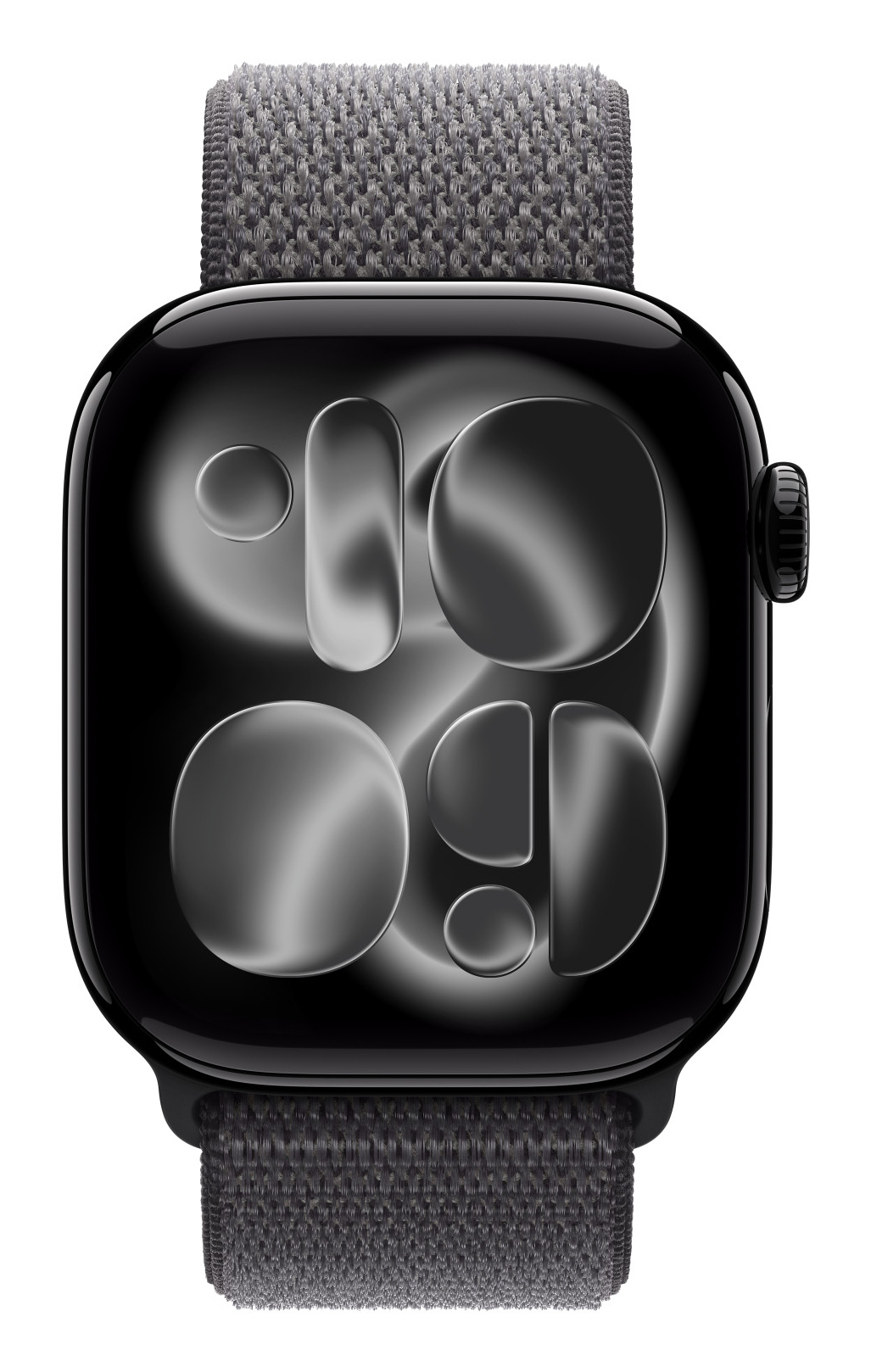 Schwarze Apple Watch mit grauem Texturarmband, die ein glänzendes, abstraktes Zifferblatt zeigt.