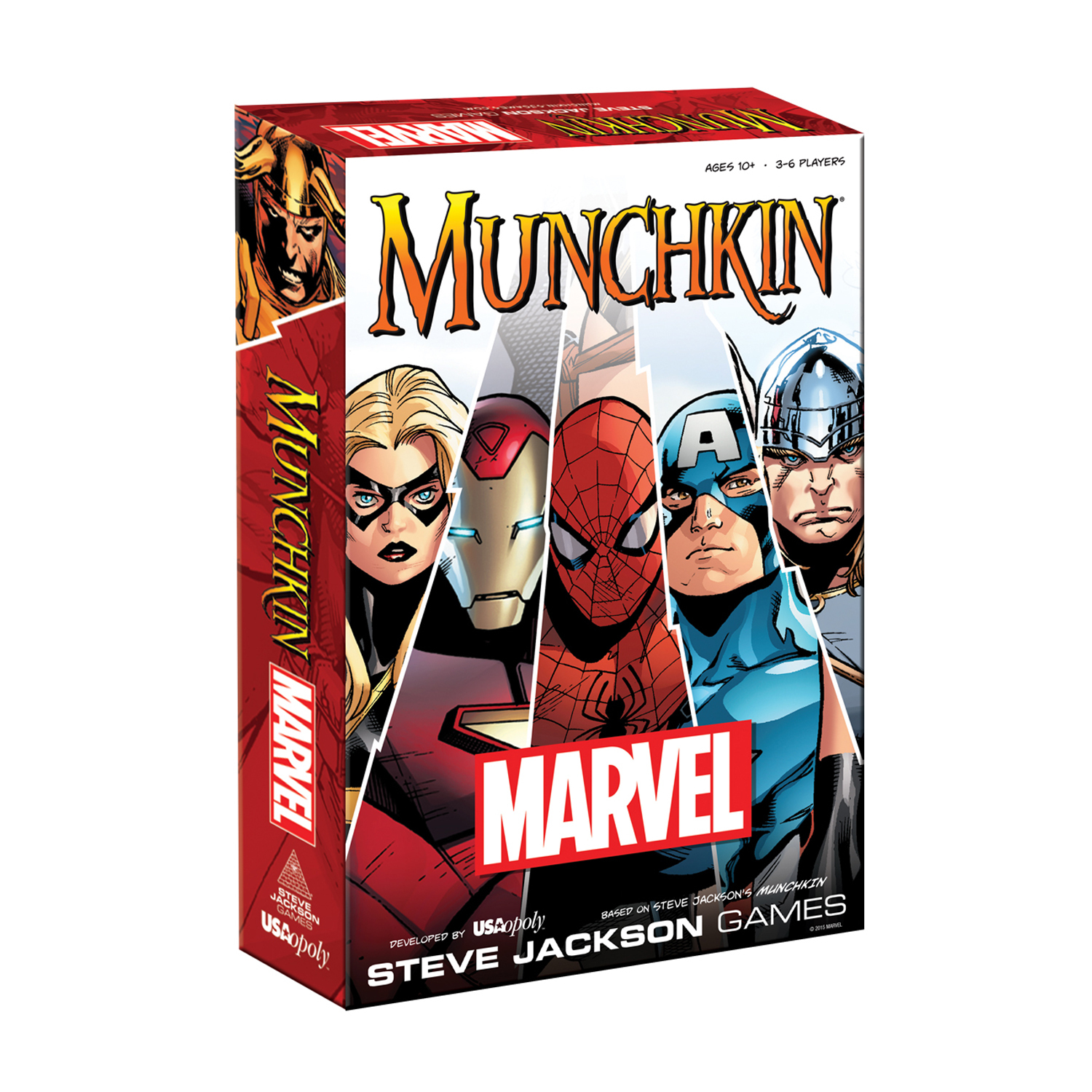Scatola del gioco da tavolo Munchkin Marvel con Iron Man, Spider-Man, Capitan America e Thor.
