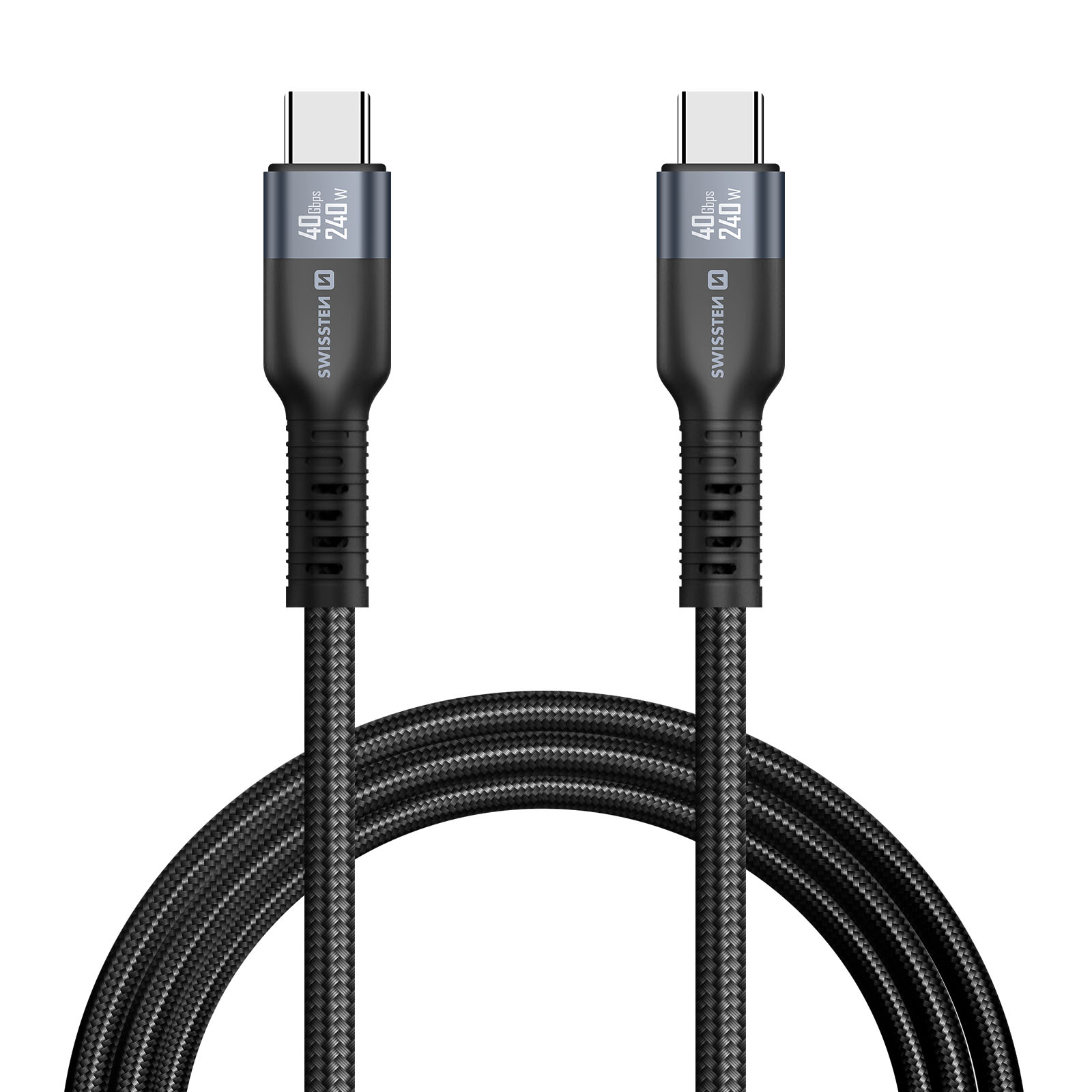 Due cavi USB-C neri con connettori grigi, 40 Gbps 240W.