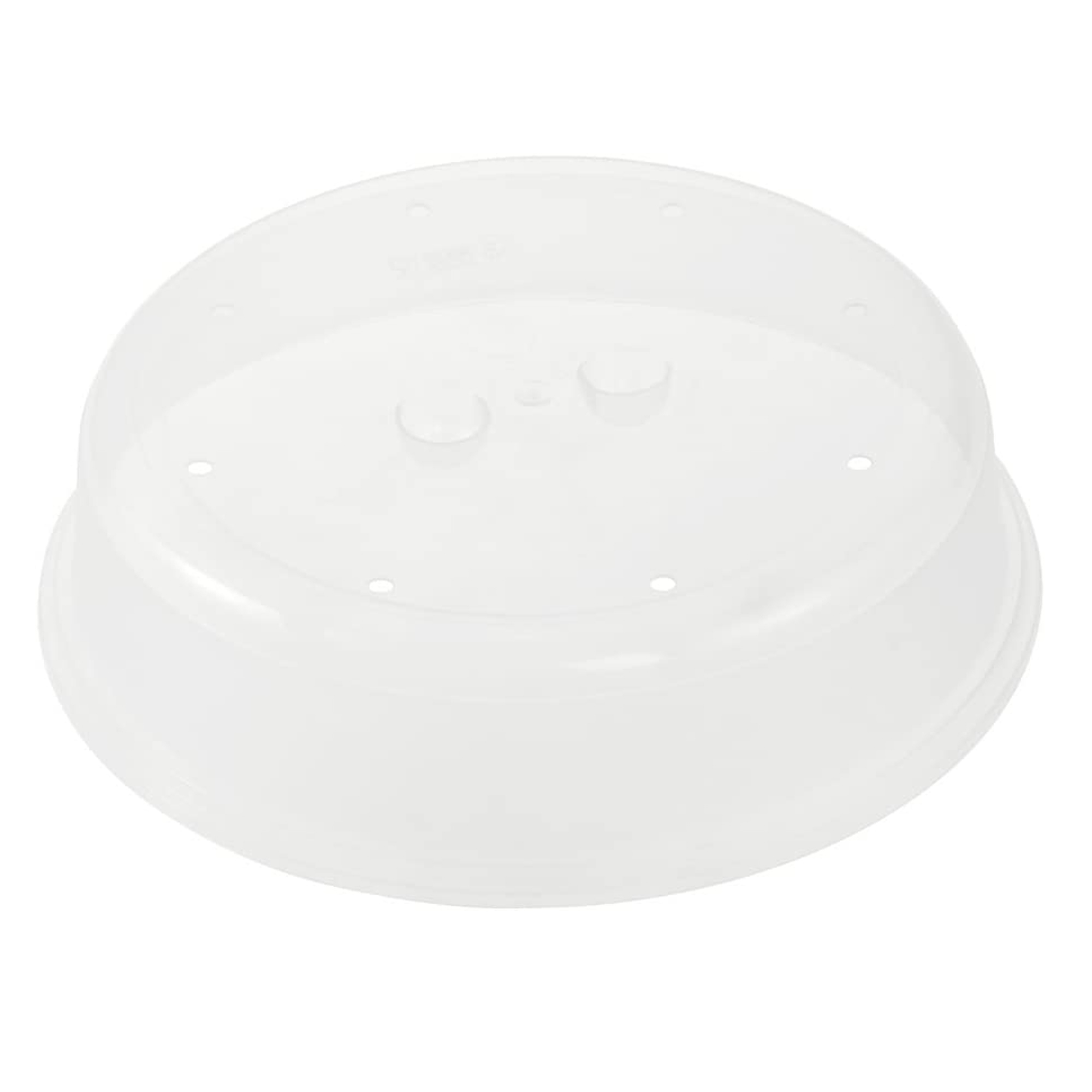 Un piatto girevole trasparente in plastica per microonde con bordi rialzati e piccoli fori.