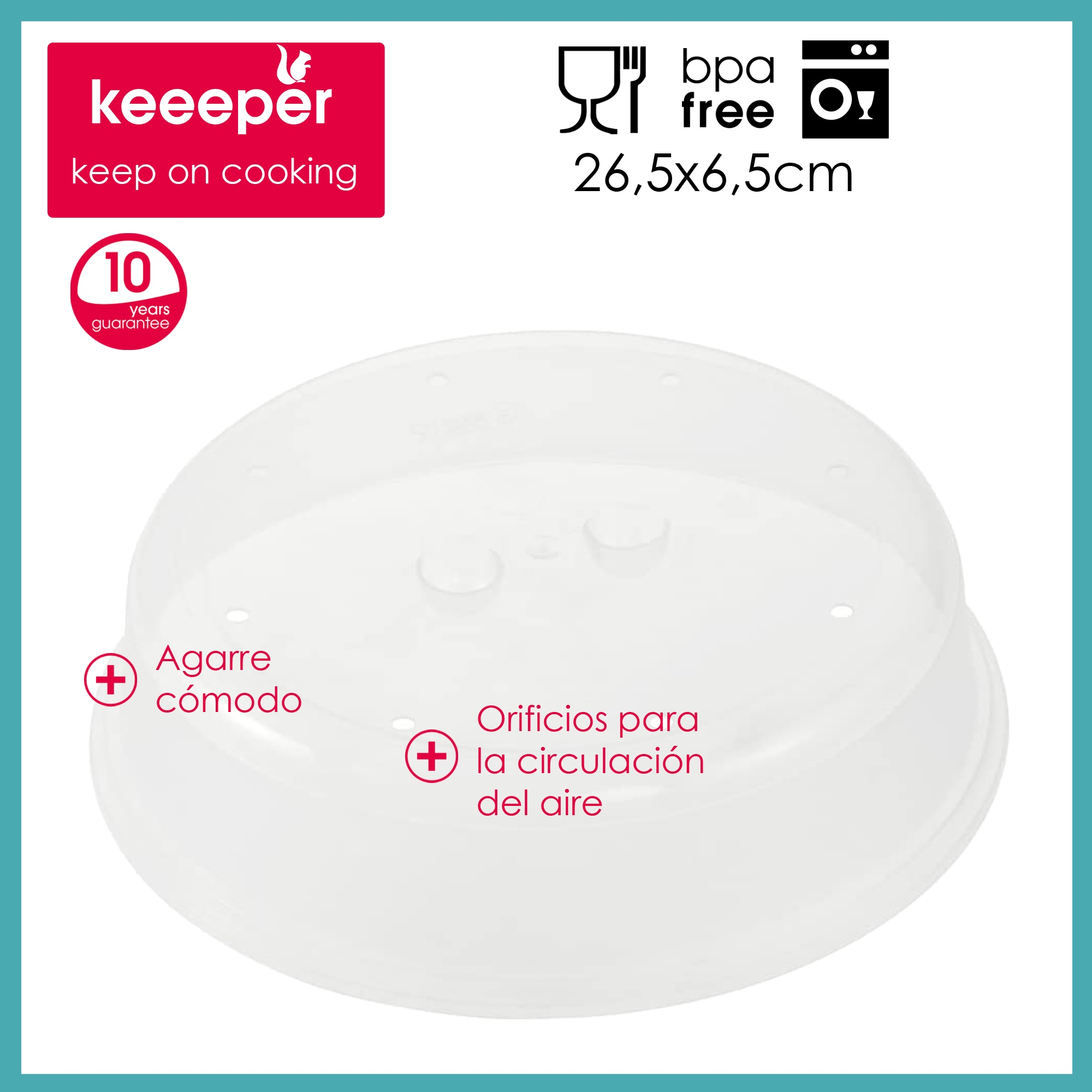 Coperchio in plastica trasparente per microonde con logo 'keeper', garanzia 10 anni.