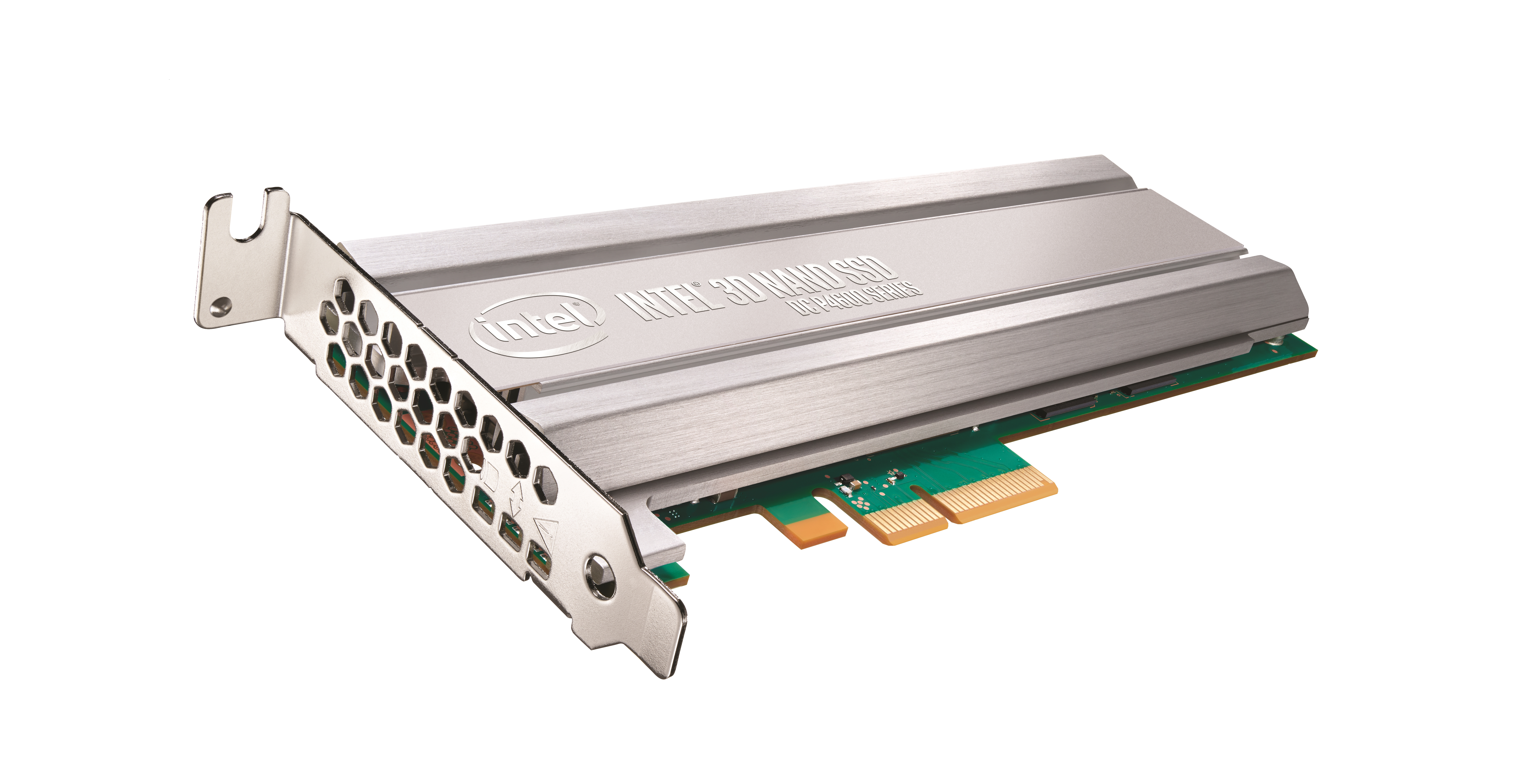 Scheda Intel 3D NAND SSD DC P4600 Series con scocca metallica e prese d'aria esagonali.