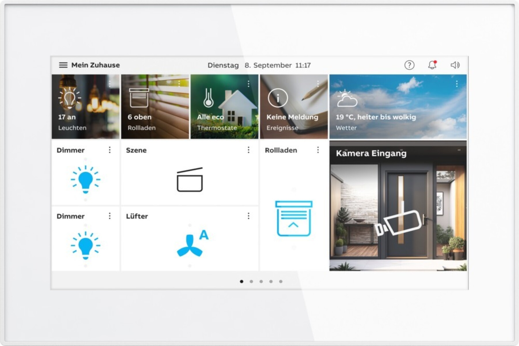 Display smart home mostra meteo, luci, termostati, tapparelle, scena e telecamera ingresso.