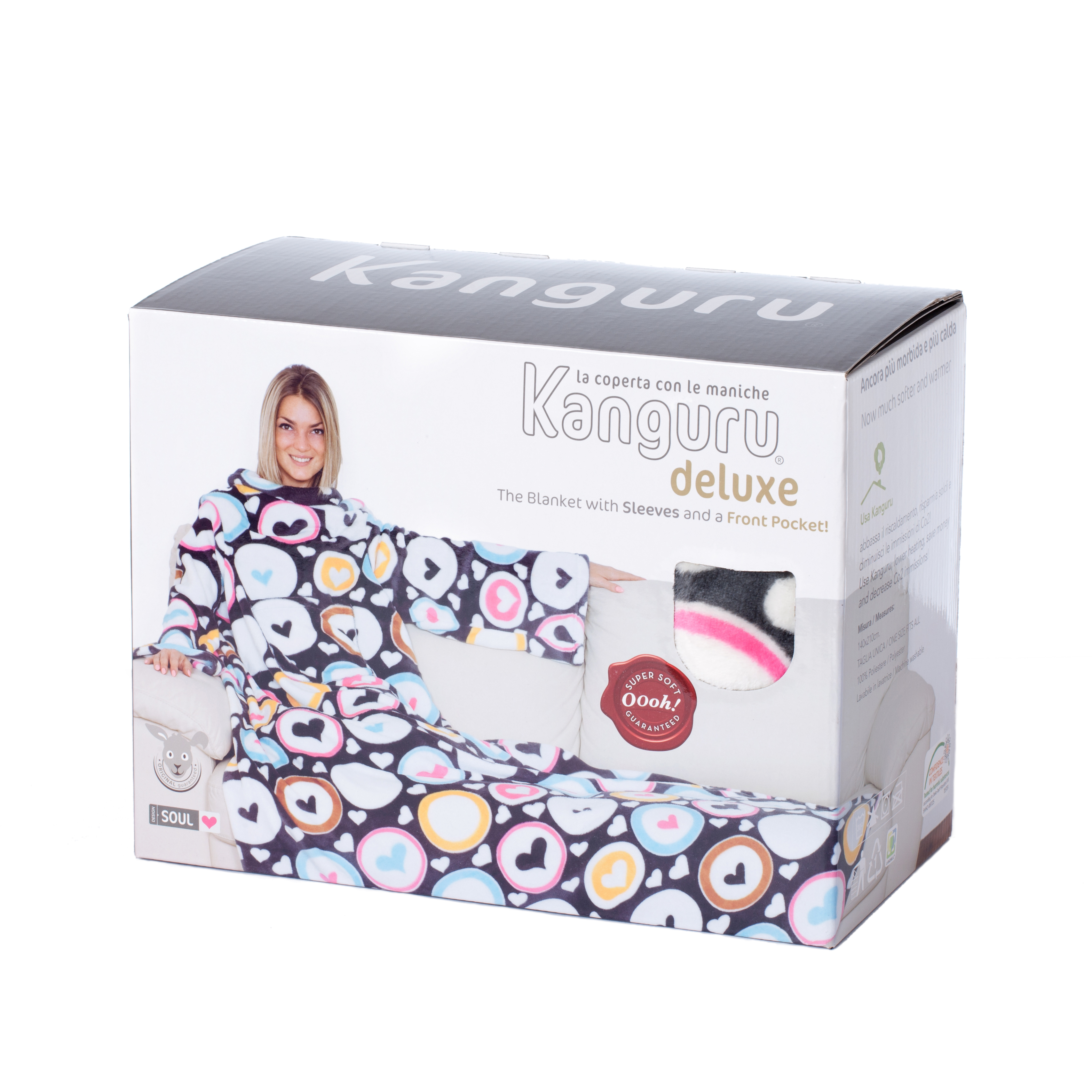 Scatola per coperta con maniche e tasca, con fantasia a cuori.