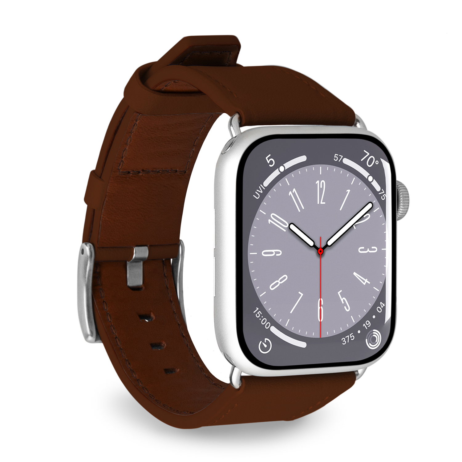 Reloj inteligente plateado con correa de cuero marrón y esfera gris que muestra la hora.