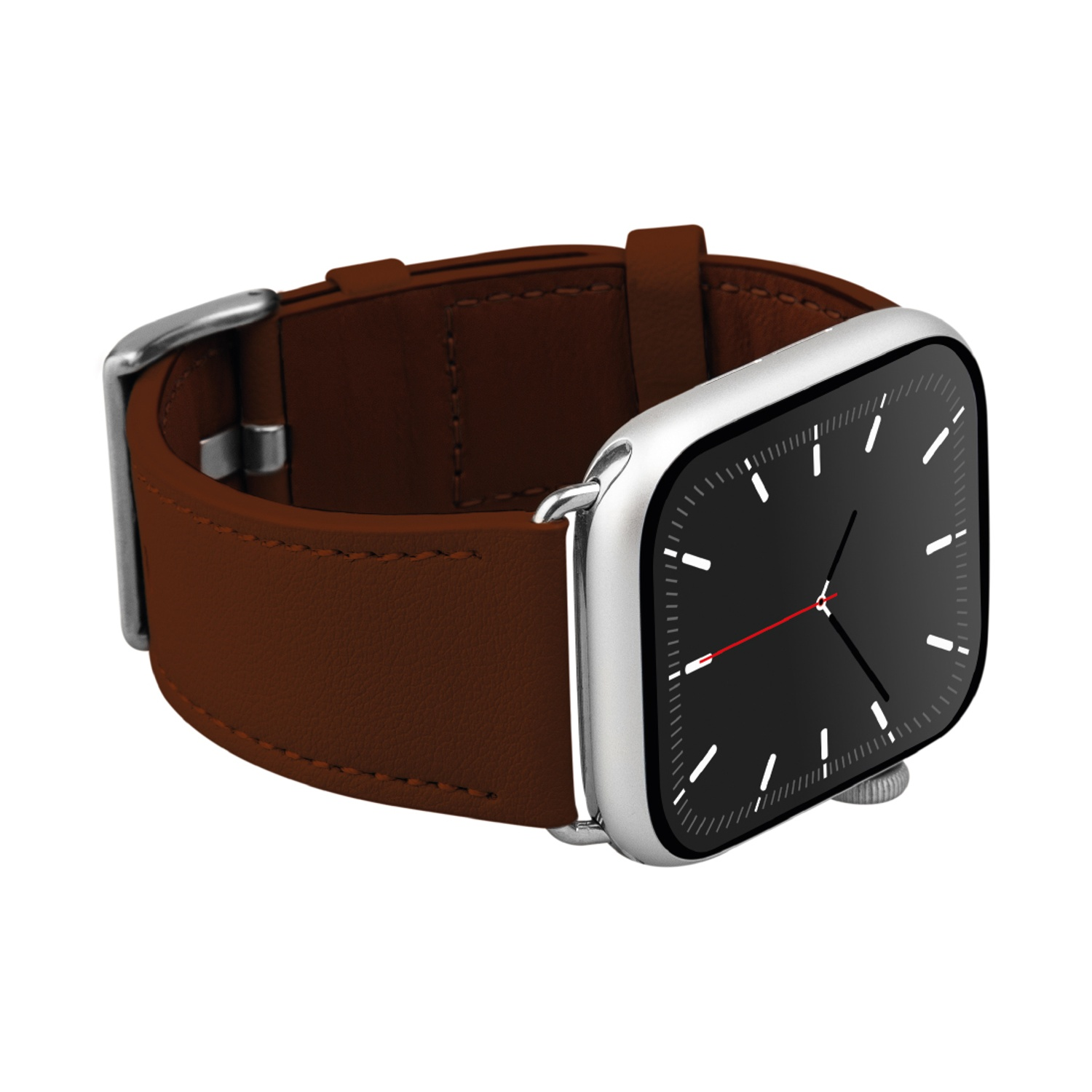 Uno smartwatch argentato con quadrante nero e cinturino in pelle marrone è mostrato su sfondo bianco.