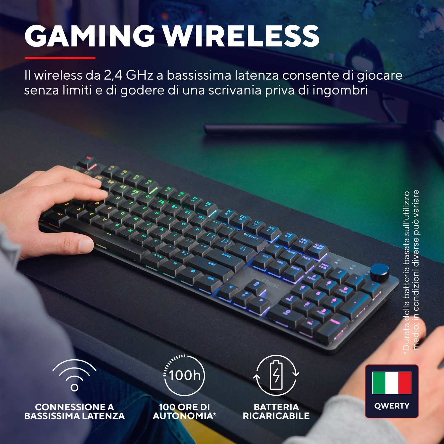 Bezprzewodowa klawiatura gamingowa z podświetleniem RGB, dłoń na klawiszach. Bateria 100h.