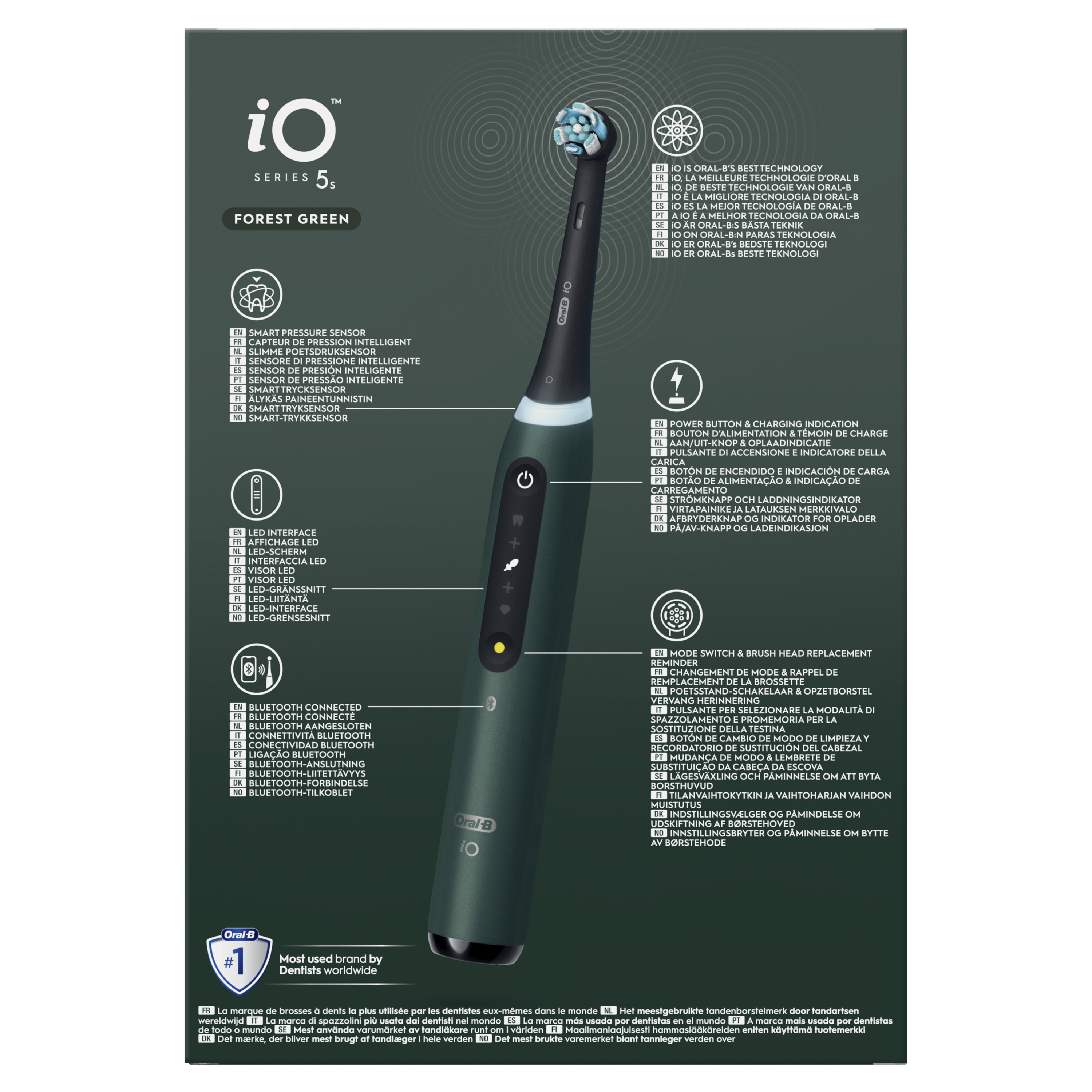 Uno spazzolino verde Oral-B iO Series 5s con indicatore di carica e funzioni.