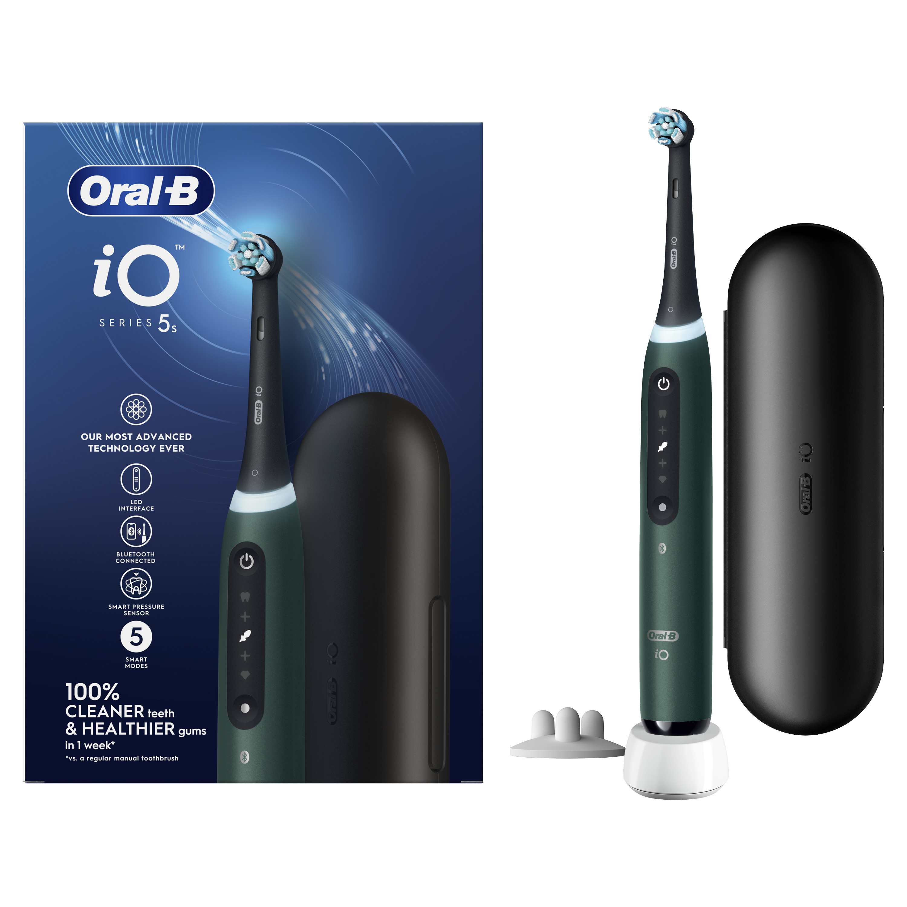 Spazzolino Oral-B iO Series 5s verde scuro con custodia di ricarica.