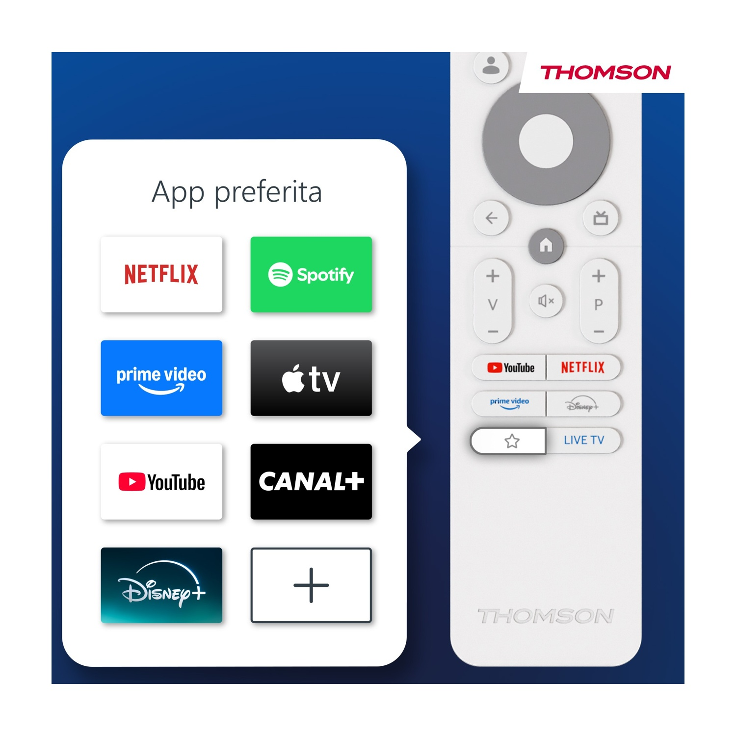 Il telecomando Thomson mostra le icone delle app: Netflix, Spotify, Prime Video, Apple TV, YouTube, Canal+, Disney+.