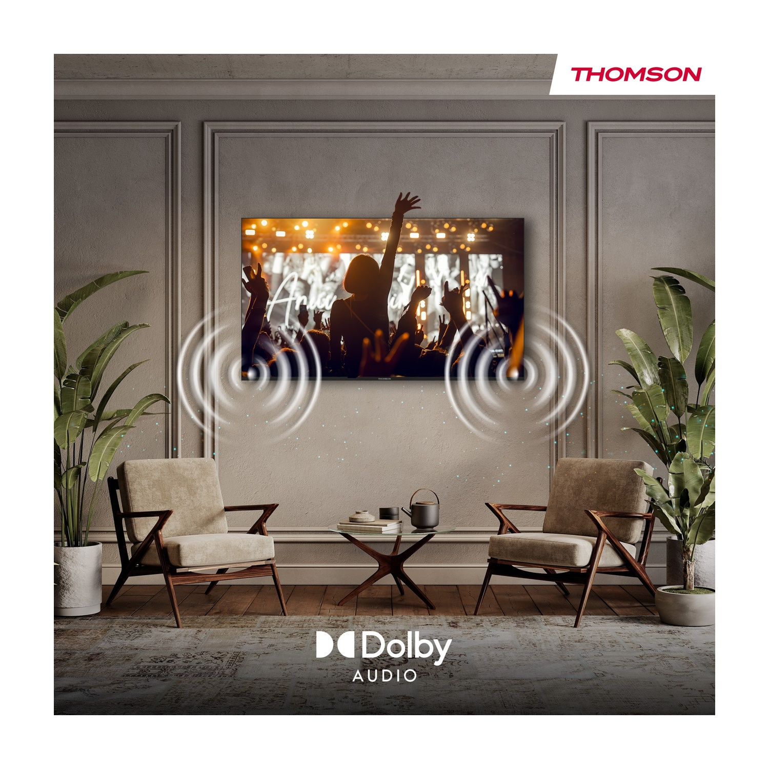 TV Thomson in soggiorno, mostra un concerto, con audio Dolby.