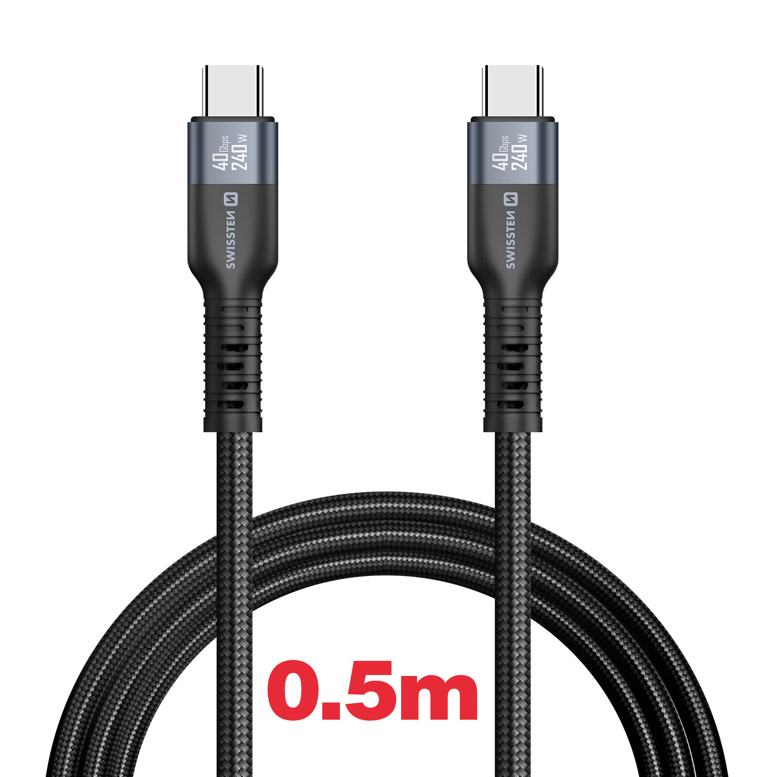 Due cavi USB-C neri, 40Gbps e 240W, uno etichettato 0,5m.