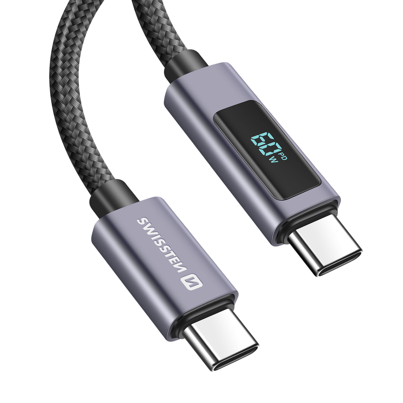 Cavo USB-C intrecciato con display digitale che mostra 68W PD.