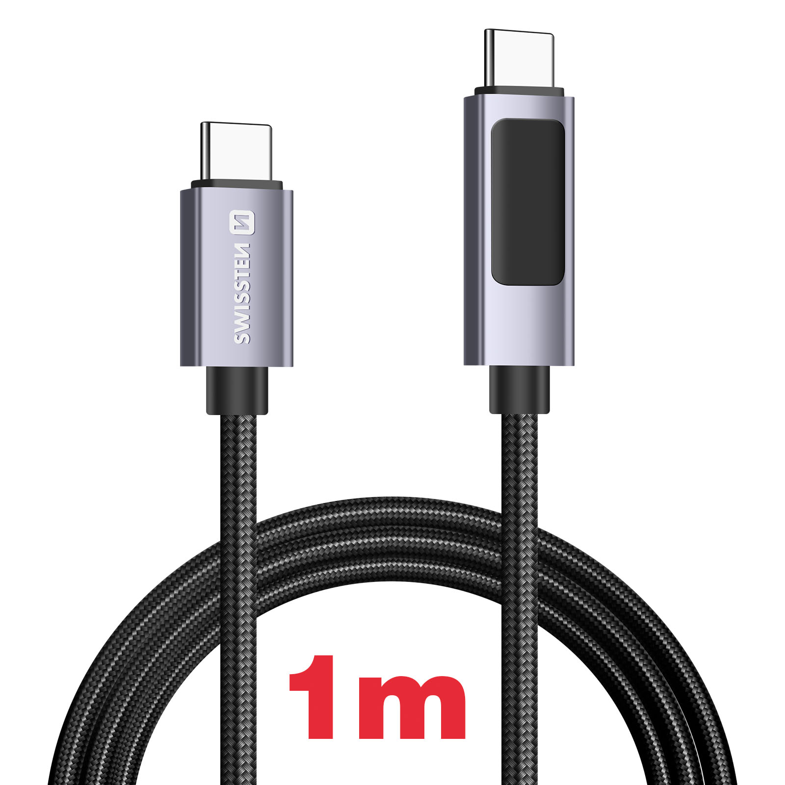 Due cavi USB-C con connettori argentati e fili intrecciati neri. Uno ha un logo.