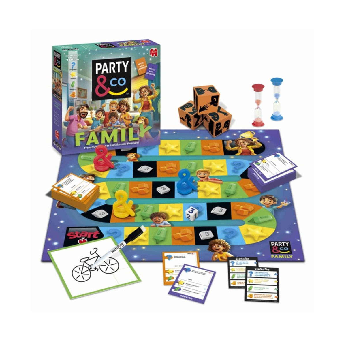 Gioco da tavolo Party & Co Family con dadi, clessidre, carte e tabellone.