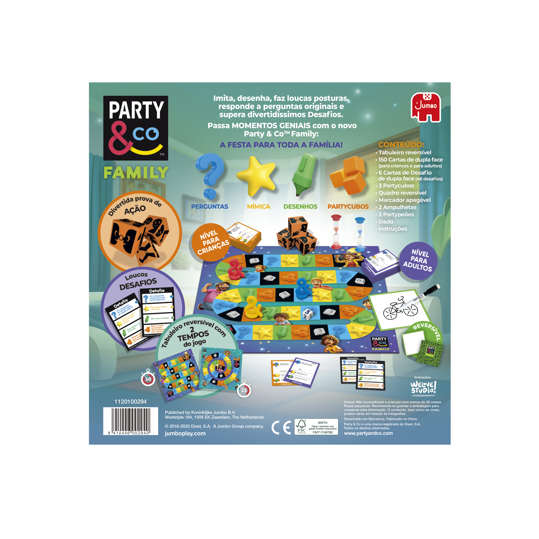 Il gioco Party & Co Family con tabellone, carte, dadi e clessidre.