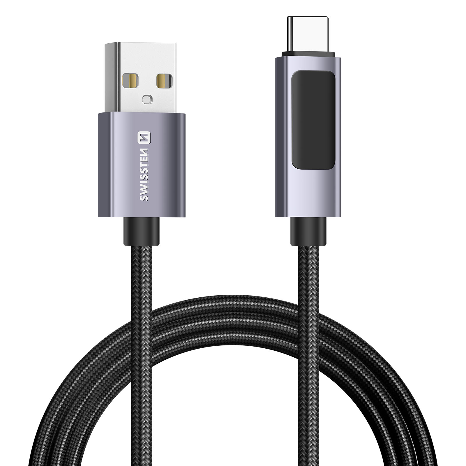 Un cavo USB-A a USB-C nero con connettori argentati su sfondo bianco.