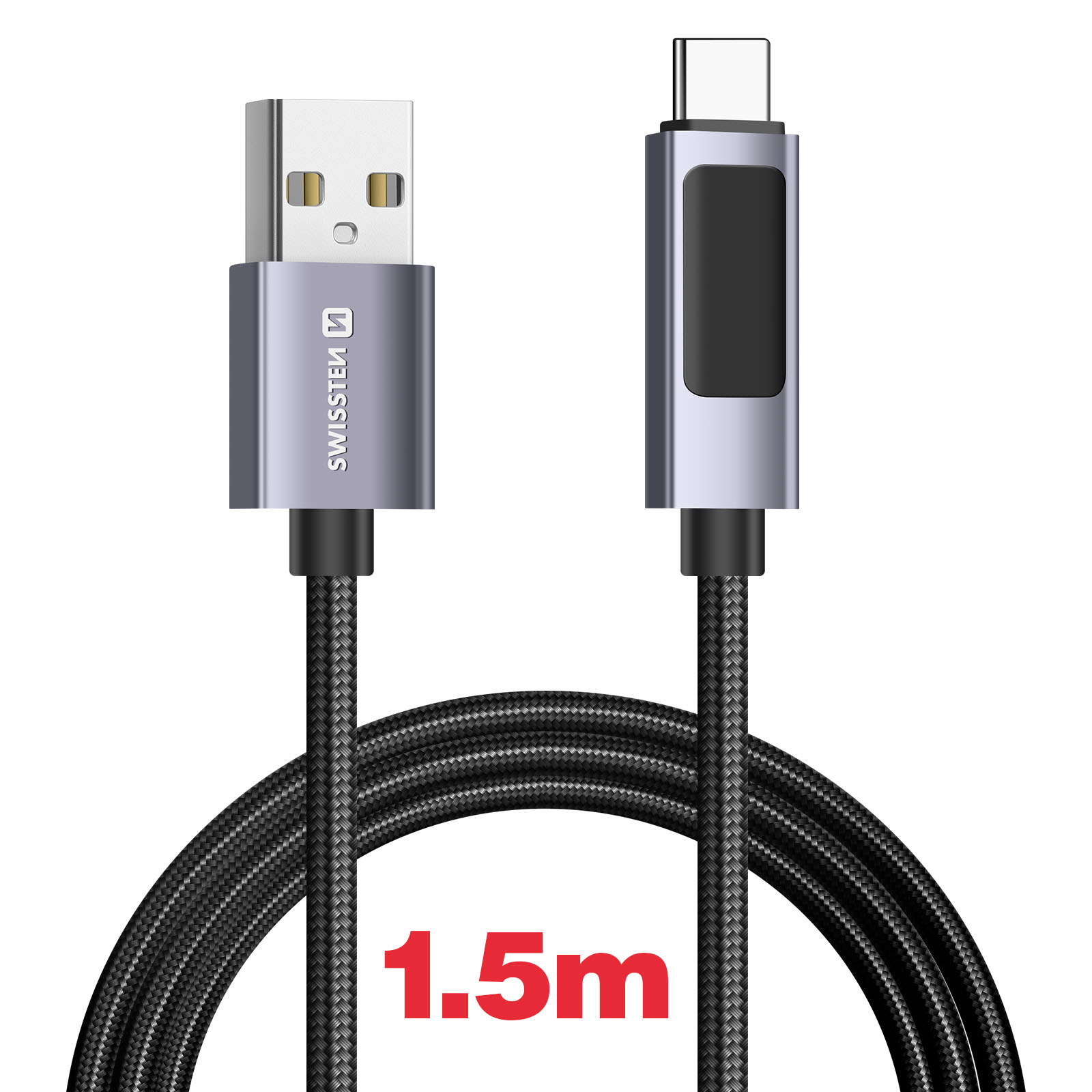 Un cavo USB-C a USB-A nero intrecciato da 1,5 m con connettori argentati.