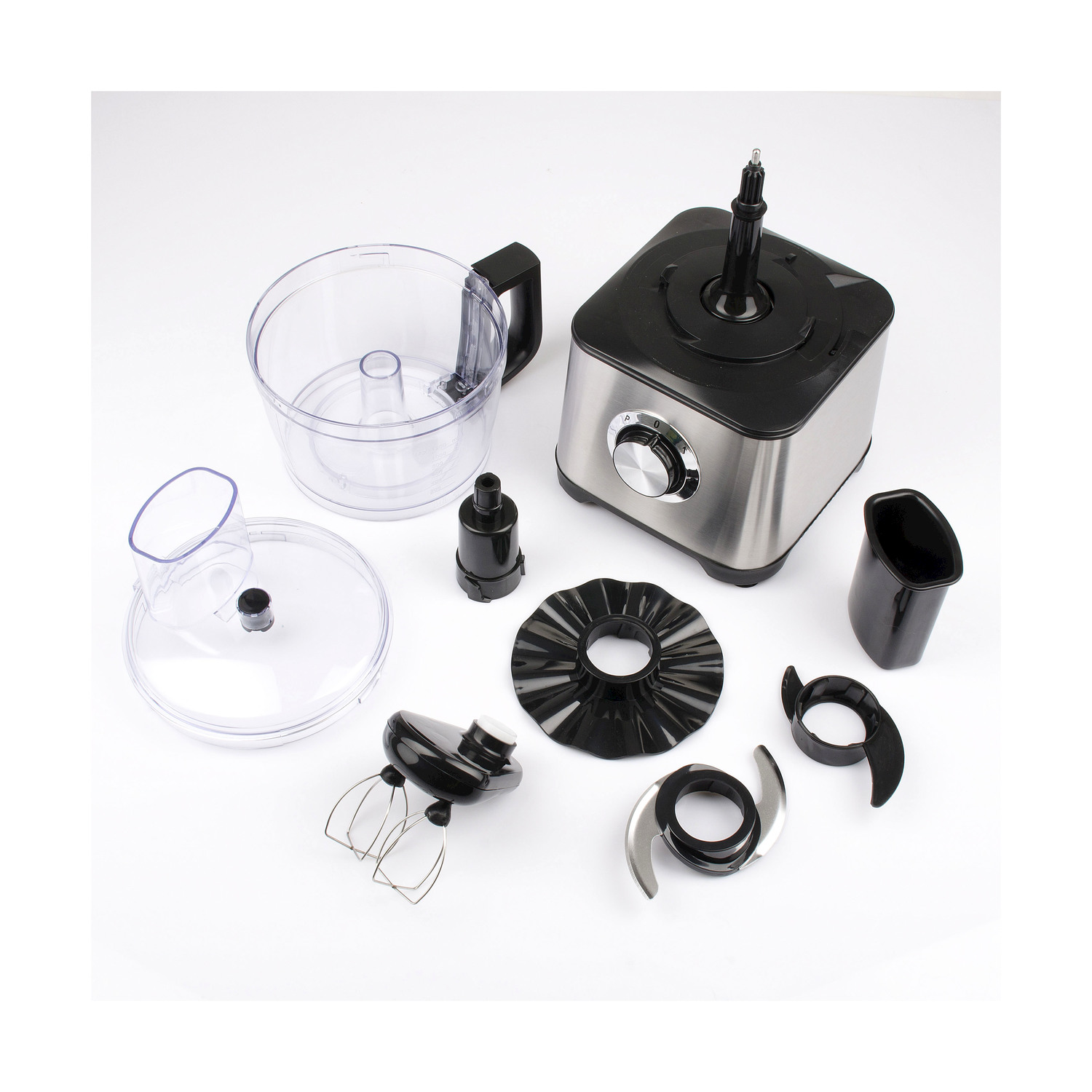 Base robot da cucina con accessori: ciotola, coperchio, frusta, lame e spingitore.