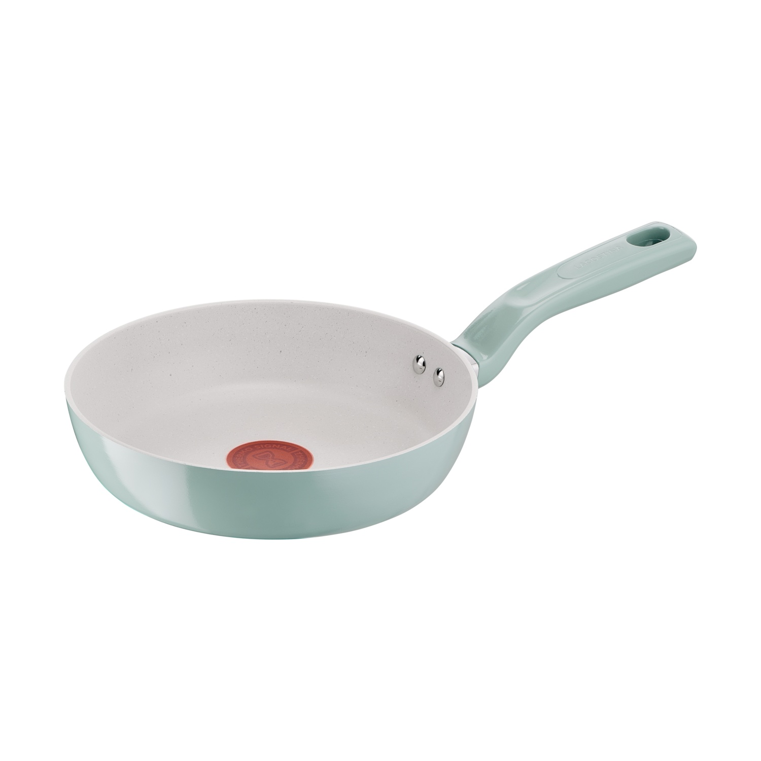 Una padella antiaderente azzurra con interno bianco screziato e indicatore di calore rosso.