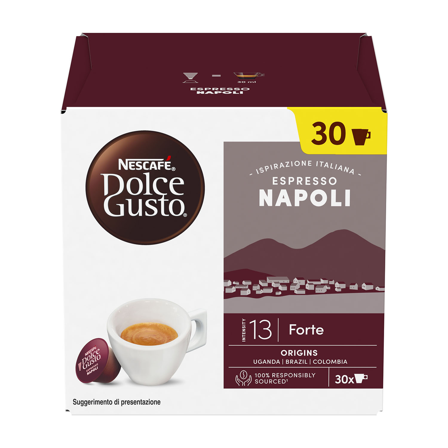 Scatola Nescafé Dolce Gusto Espresso Napoli, con tazza e capsula in mostra.