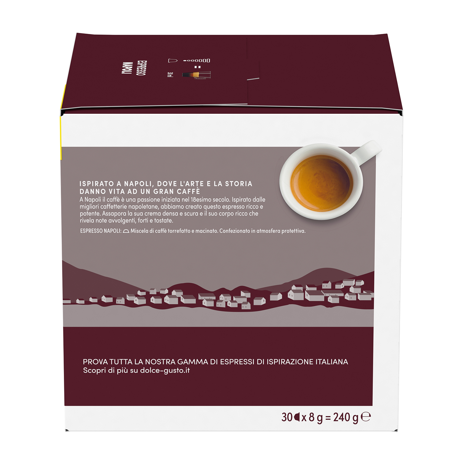 Una tazza di espresso con sfondo di case e montagne stilizzate.