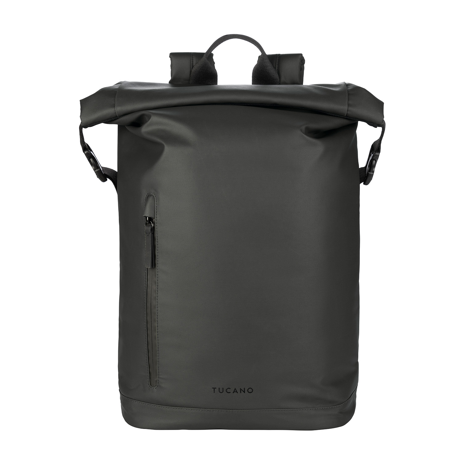 Ein dunkelgrauer Rucksack mit Rollverschluss und Reißverschlusstasche.