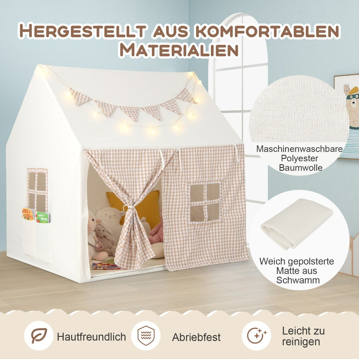 Una carpa de juegos blanca con cortinas a cuadros, luces y animales de peluche dentro. Se listan características.