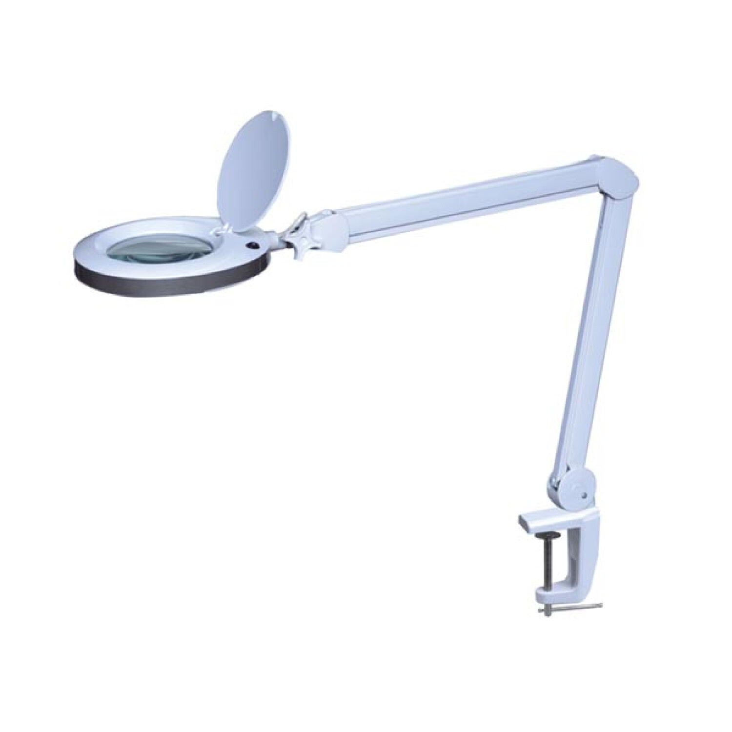 Eine weiße Schreibtischlampe mit Lupe und Klemmfuß.