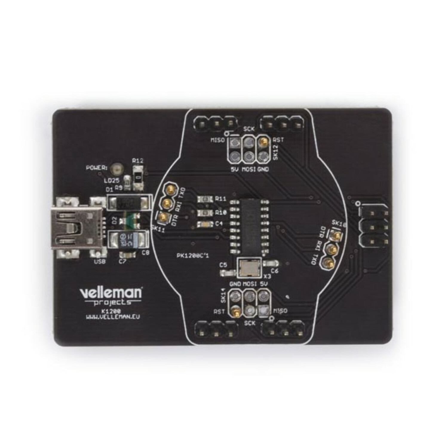 Schwarze Platine mit Velleman-Logo, USB-Anschluss und beschrifteten elektronischen Bauteilen.