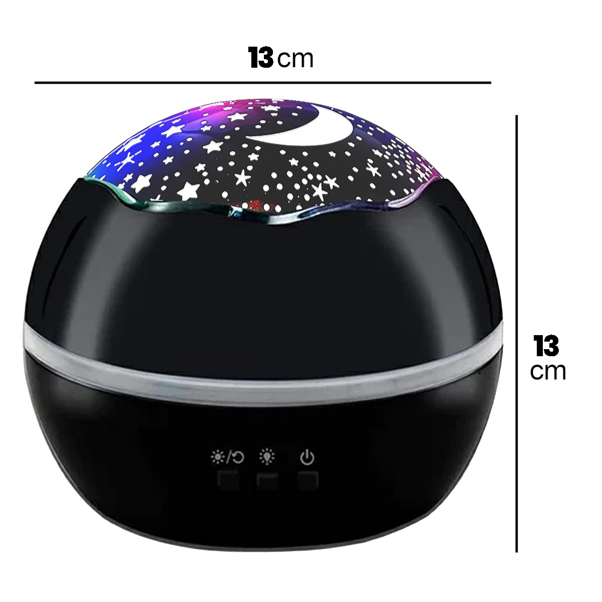 Eine schwarze Sternenprojektorlampe, 13 cm breit und 13 cm hoch, mit Mond- und Sternenmustern.