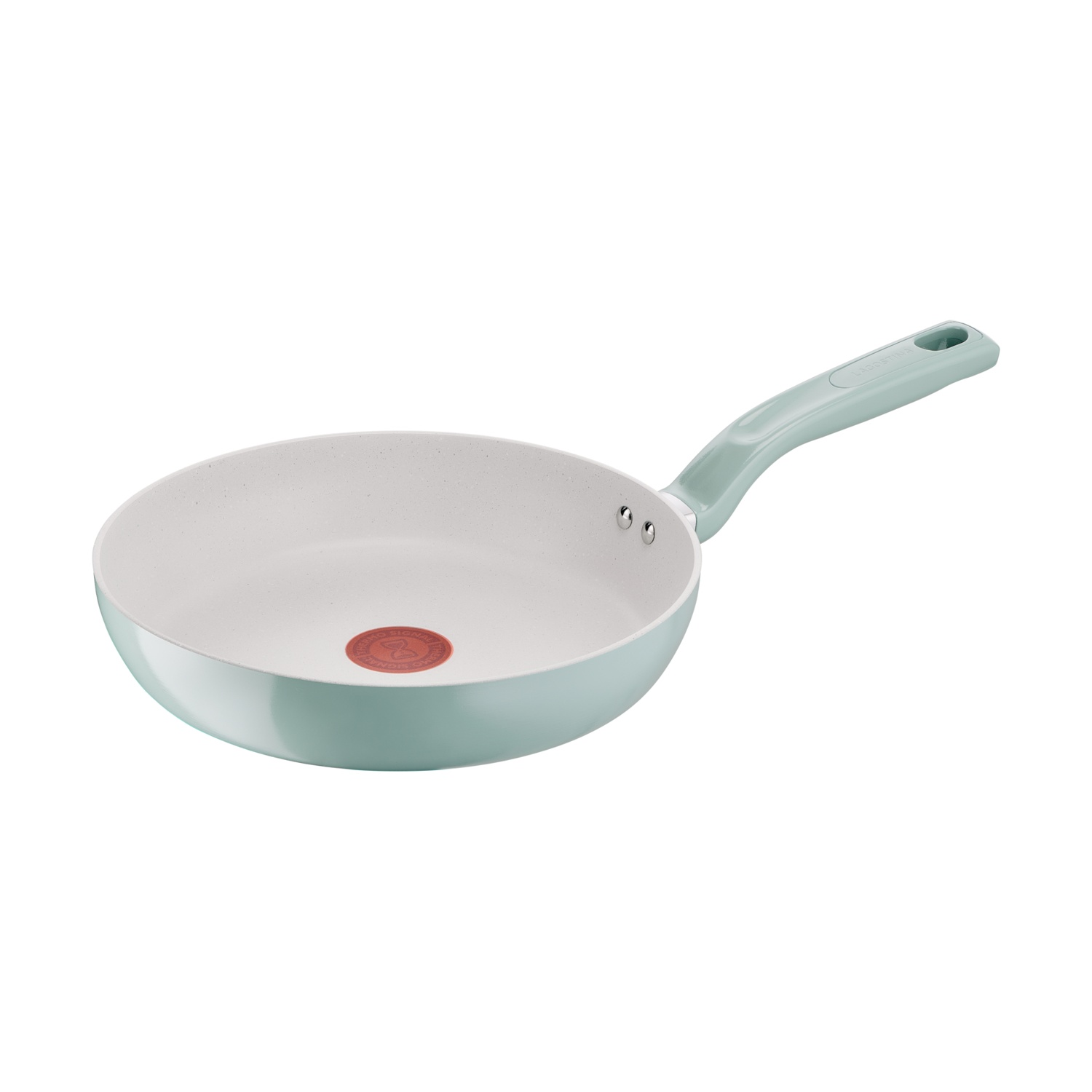Una padella azzurra con interno bianco e indicatore di calore rosso.