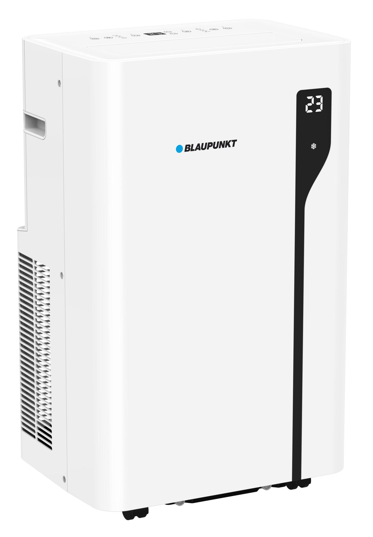 Ein weißer Blaupunkt-Luftkühler mit digitaler Anzeige von 23°C.