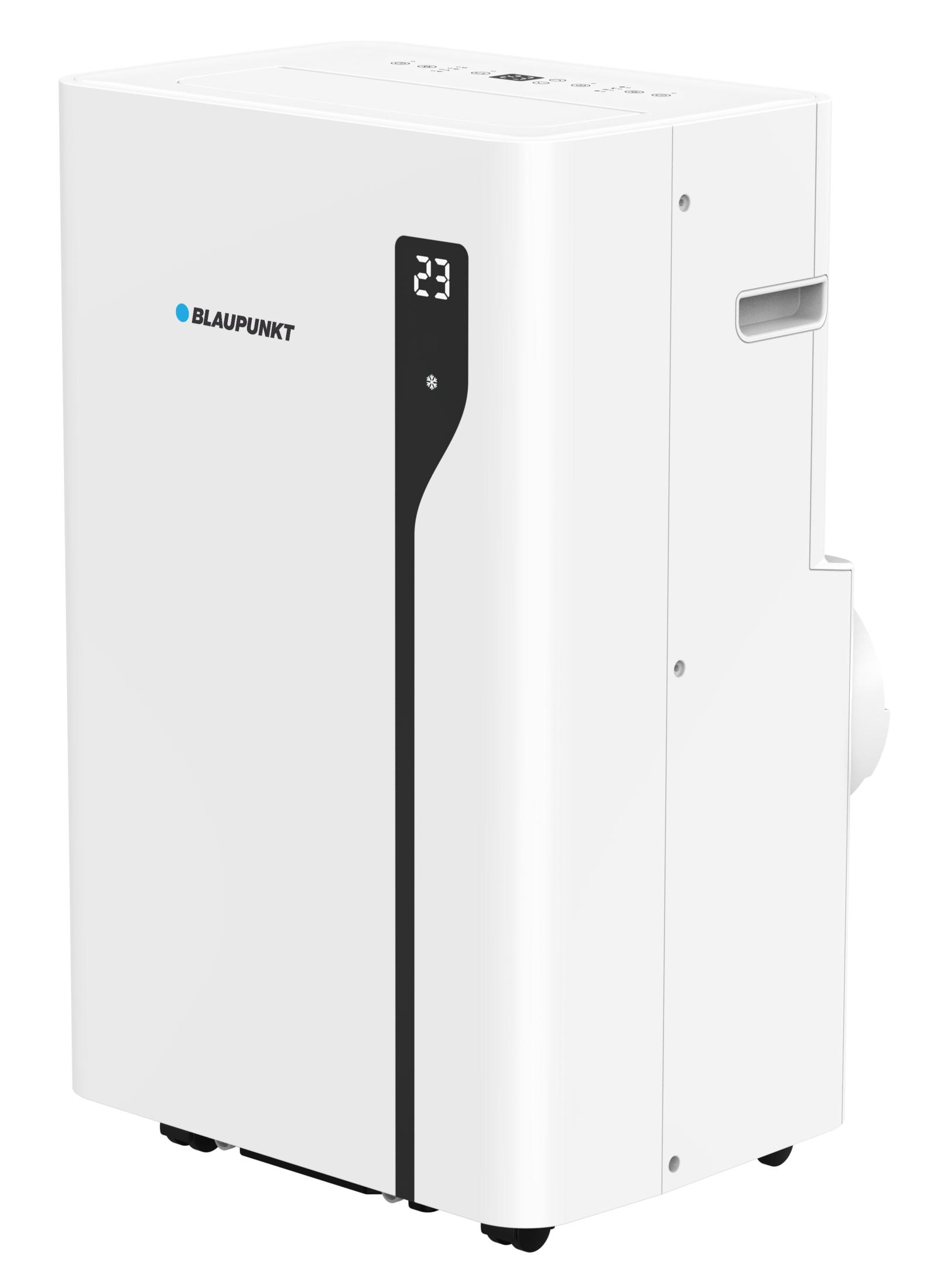 Ein weißer Blaupunkt tragbarer Klimaanlagenblock mit einem digitalen Display.