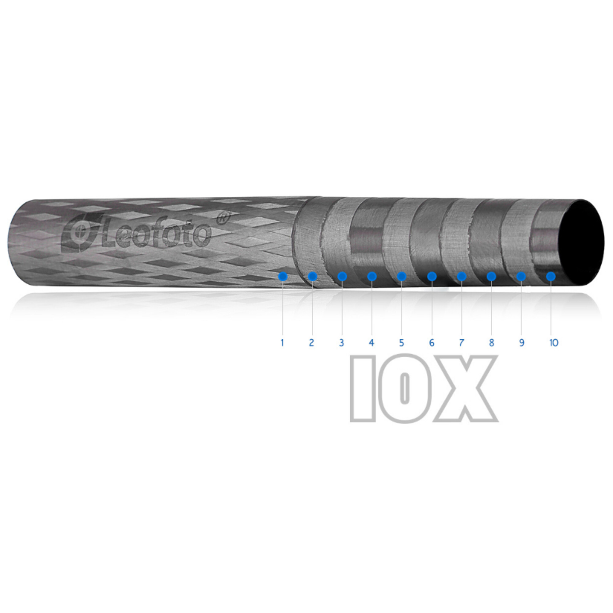 Een grijze, getextureerde koolstofvezelbuis met genummerde markeringen 1-10 en de tekst 'IOX'.