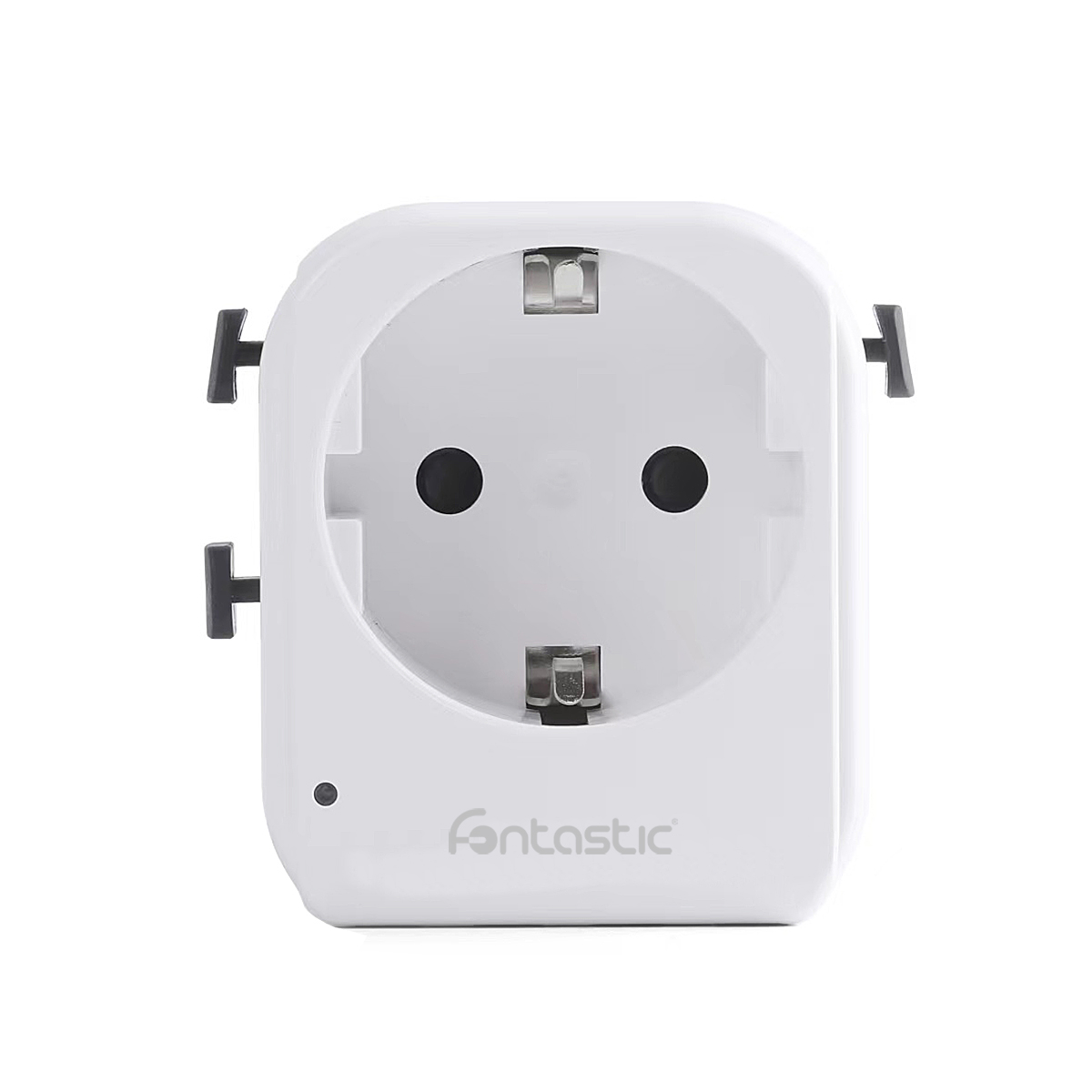Ein weißer Netzsteckadapter mit zwei runden Löchern und seitlichen Flügeln.